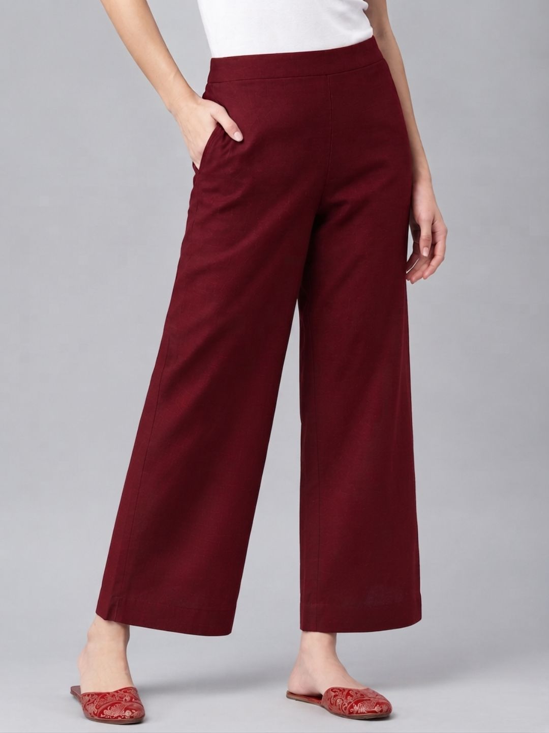 Straight Fit Cotton Plain Ankle Length Half Elasticated Palazzo with Inside Drawstring.(Maroon)