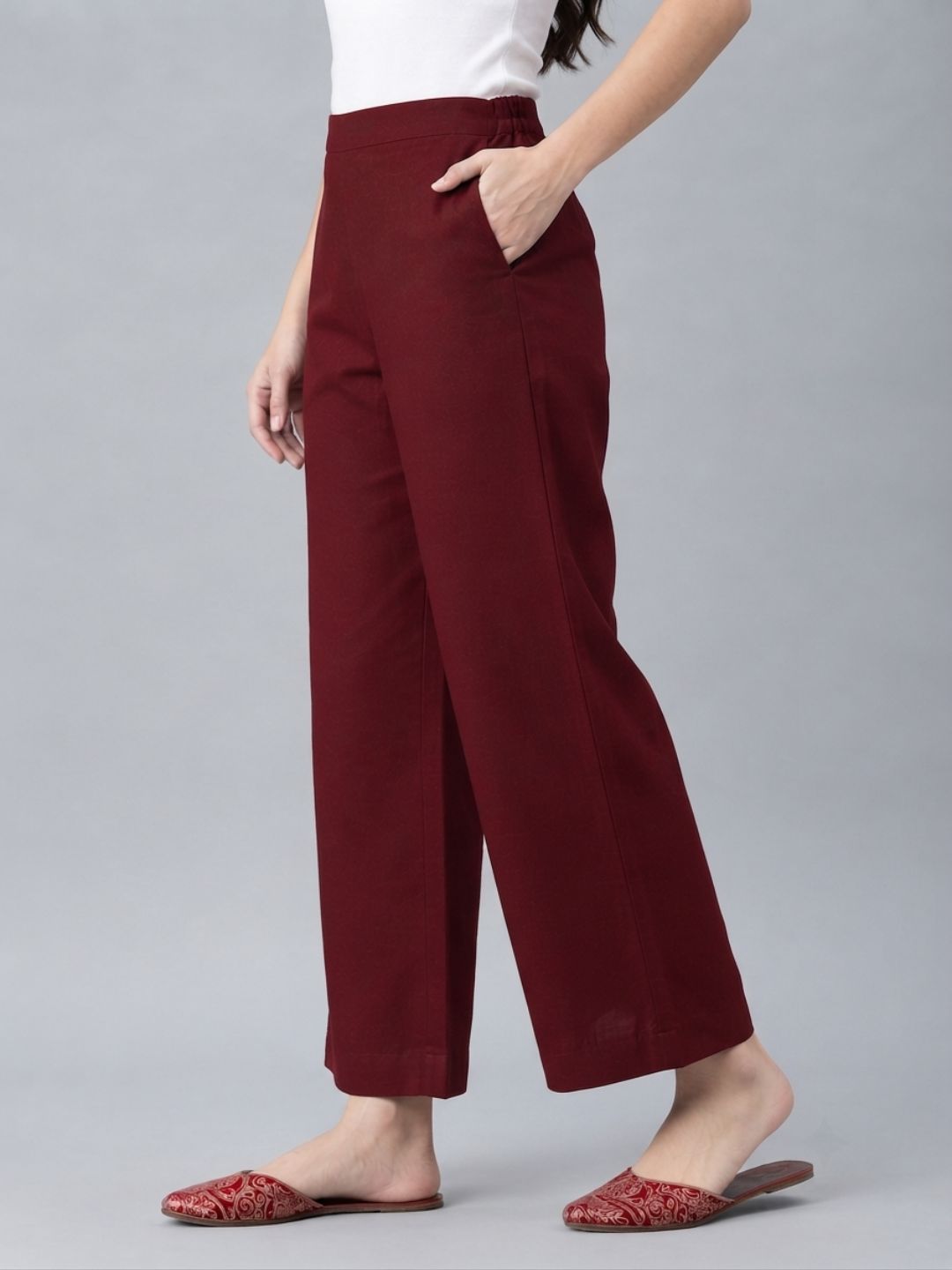 Straight Fit Cotton Plain Ankle Length Half Elasticated Palazzo with Inside Drawstring.(Maroon)