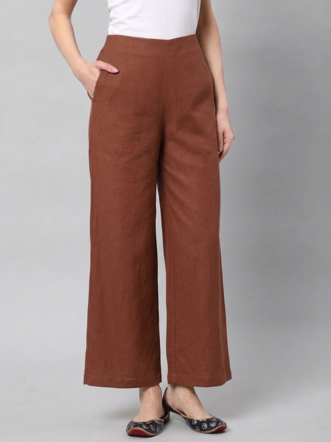 Straight Fit Cotton Plain Ankle Length Half Elasticated Palazzo with Inside Drawstring.(Rust)