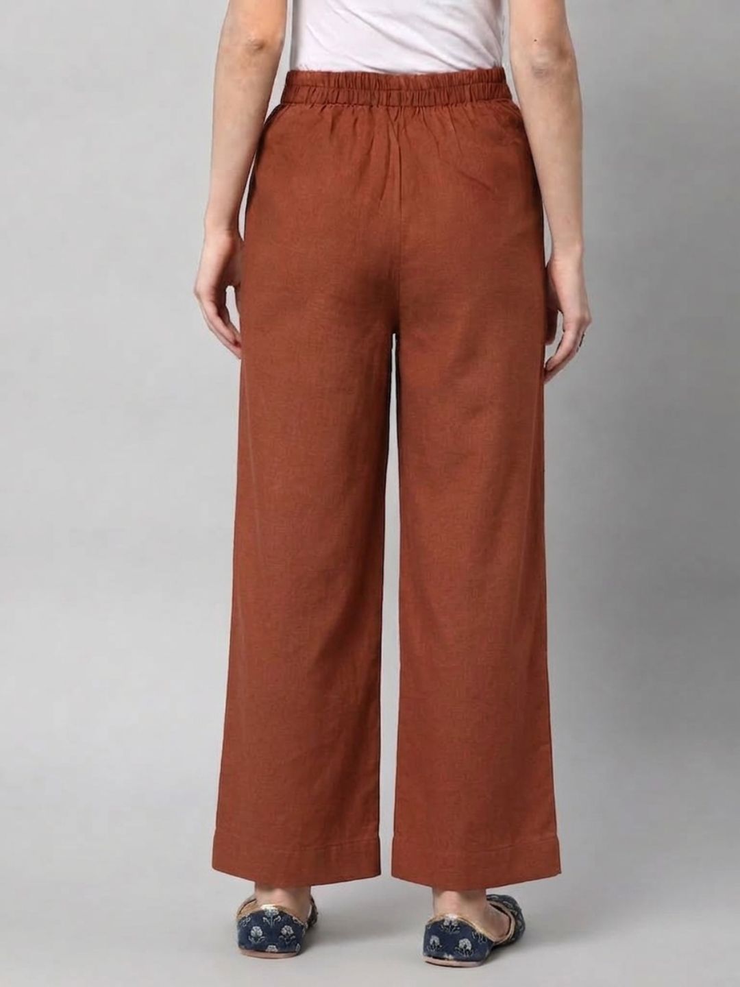 Straight Fit Cotton Plain Ankle Length Half Elasticated Palazzo with Inside Drawstring.(Rust)