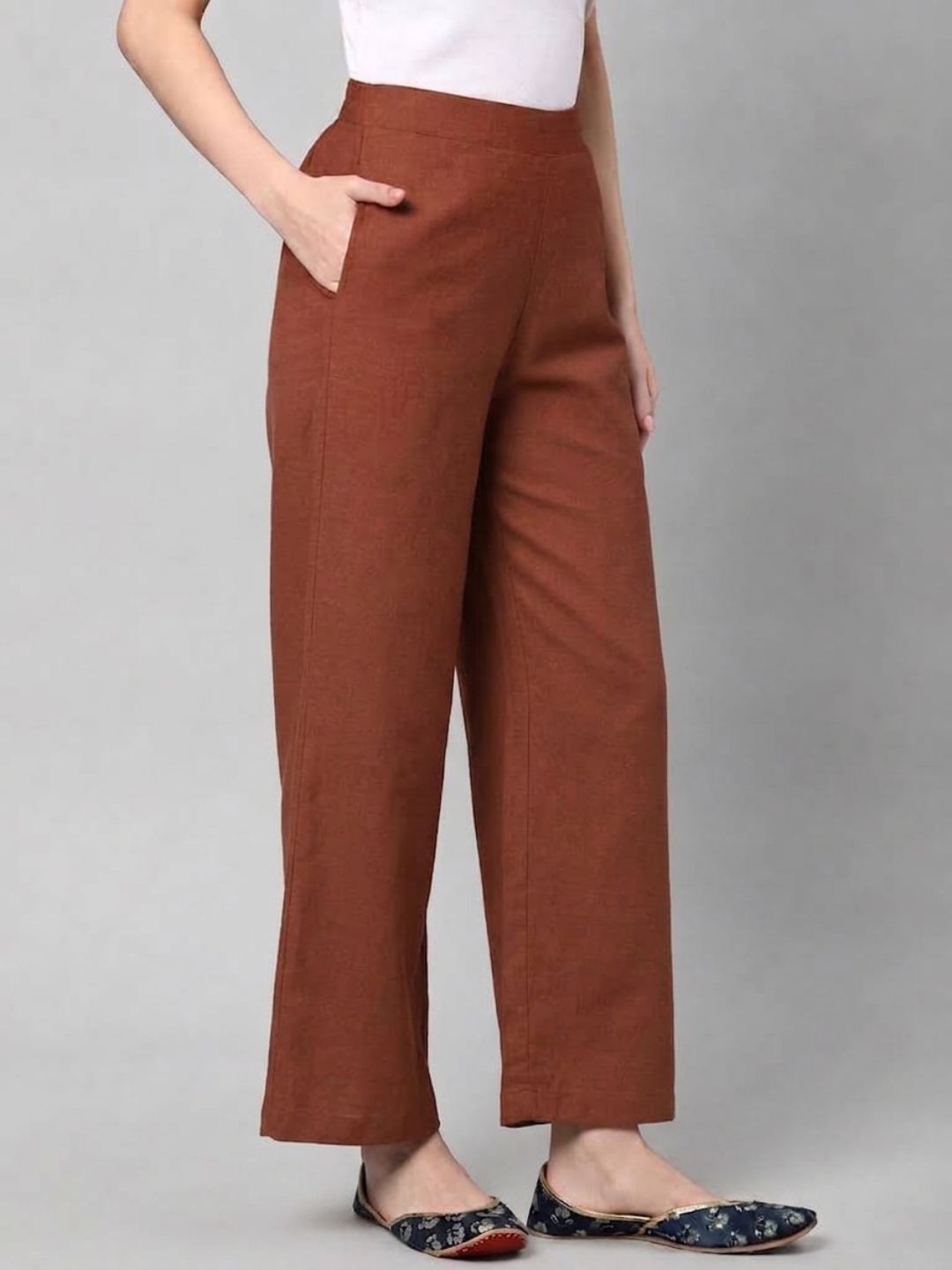 Straight Fit Cotton Plain Ankle Length Half Elasticated Palazzo with Inside Drawstring.(Rust)
