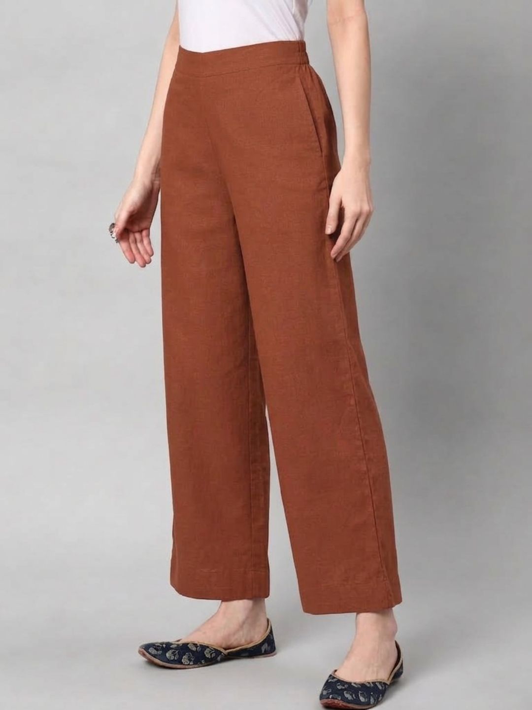 Straight Fit Cotton Plain Ankle Length Half Elasticated Palazzo with Inside Drawstring.(Rust)
