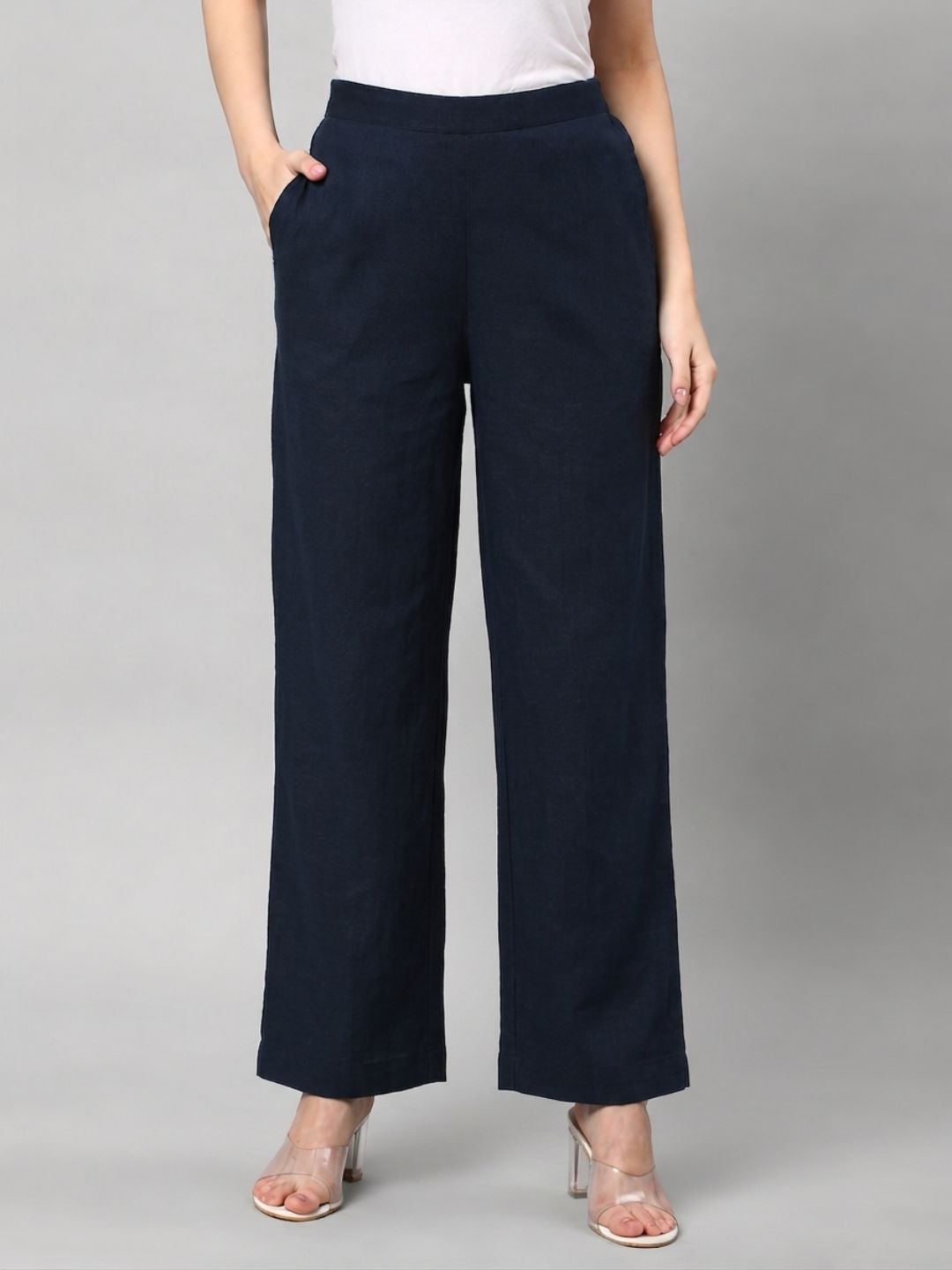 Straight Fit Cotton Plain Ankle Length Half Elasticated Palazzo with Inside Drawstring.(Blue)