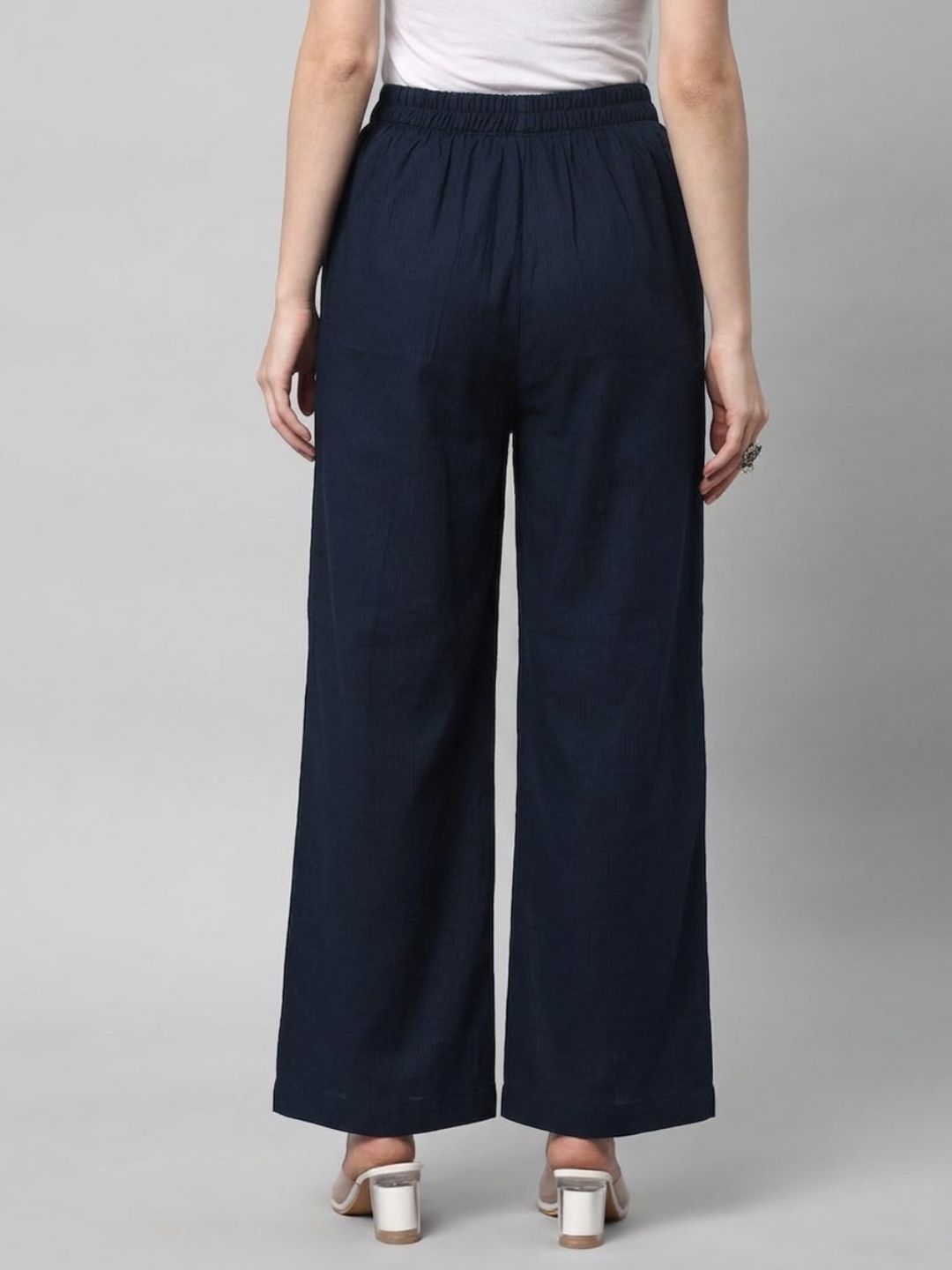 Straight Fit Cotton Plain Ankle Length Half Elasticated Palazzo with Inside Drawstring.(Blue)