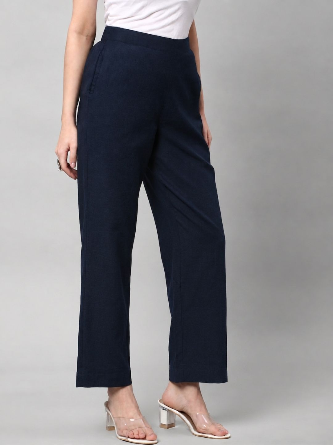 Straight Fit Cotton Plain Ankle Length Half Elasticated Palazzo with Inside Drawstring.(Blue)
