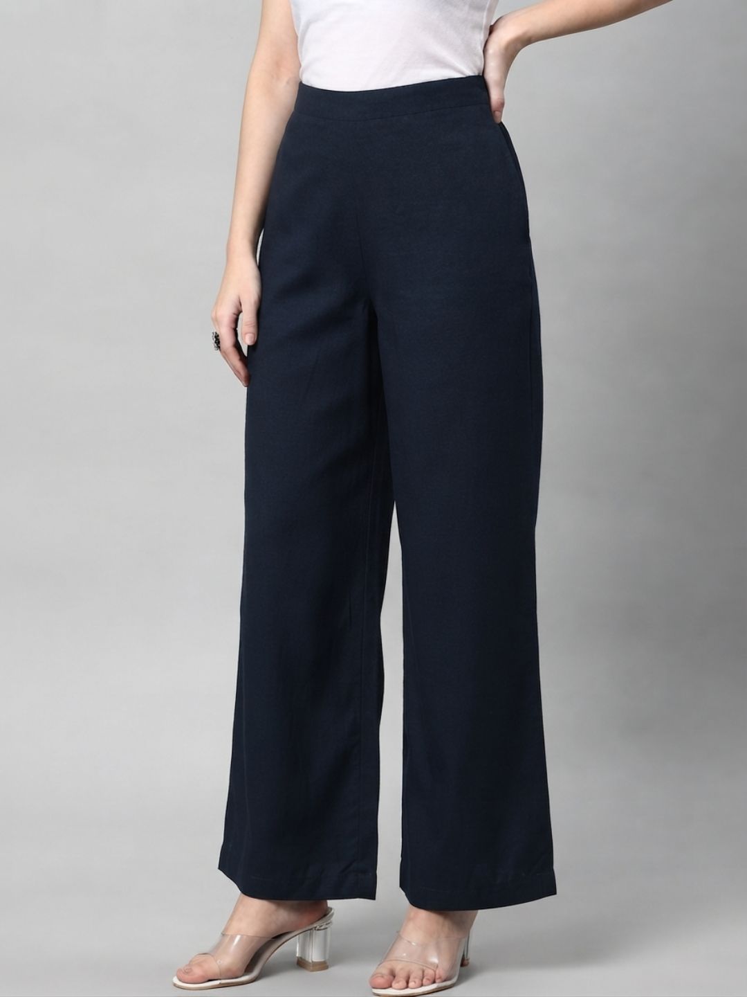 Straight Fit Cotton Plain Ankle Length Half Elasticated Palazzo with Inside Drawstring.(Blue)