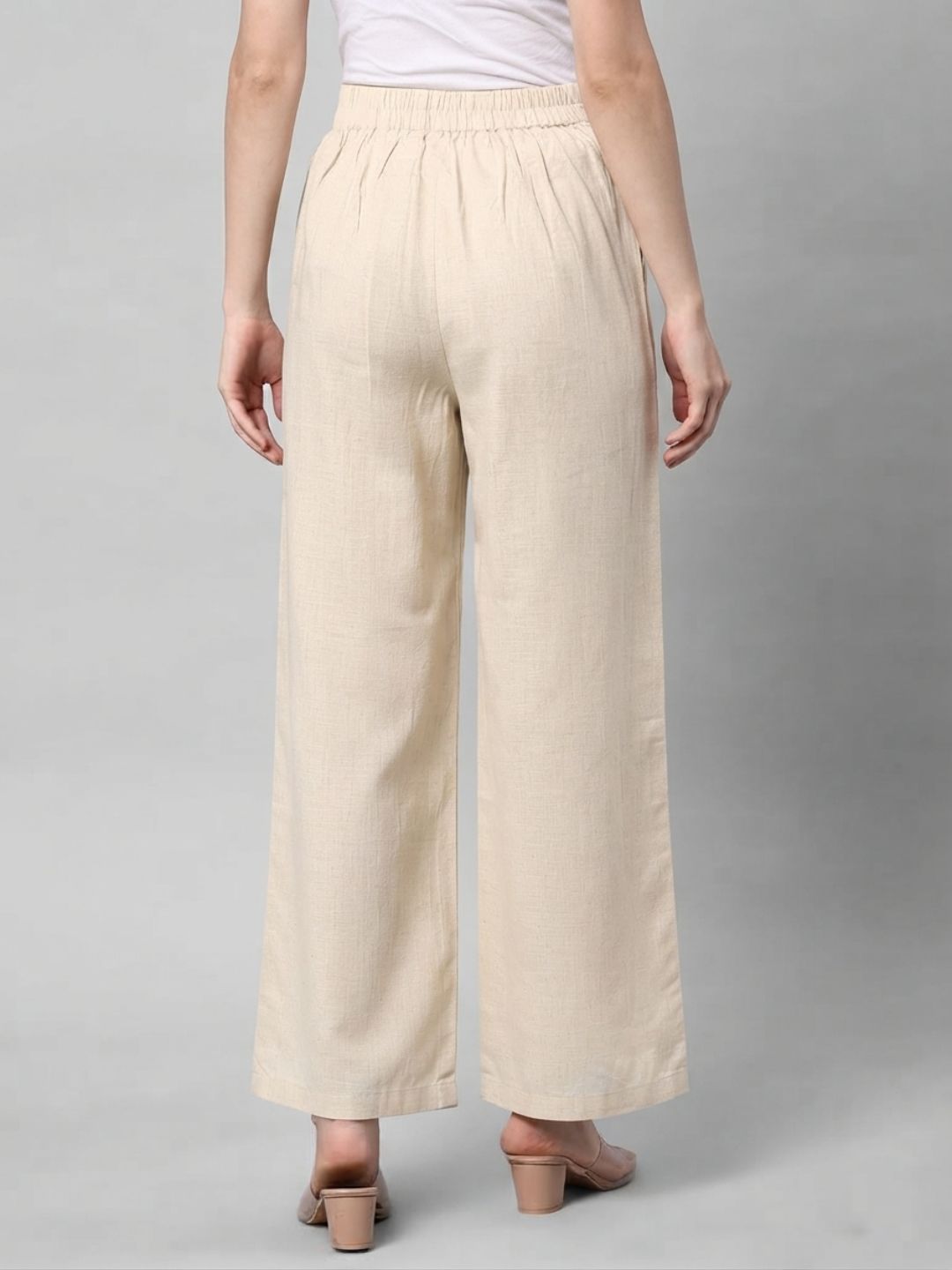 Straight Fit Cotton Plain Ankle Length Half Elasticated Palazzo with Inside Drawstring.(Cream)