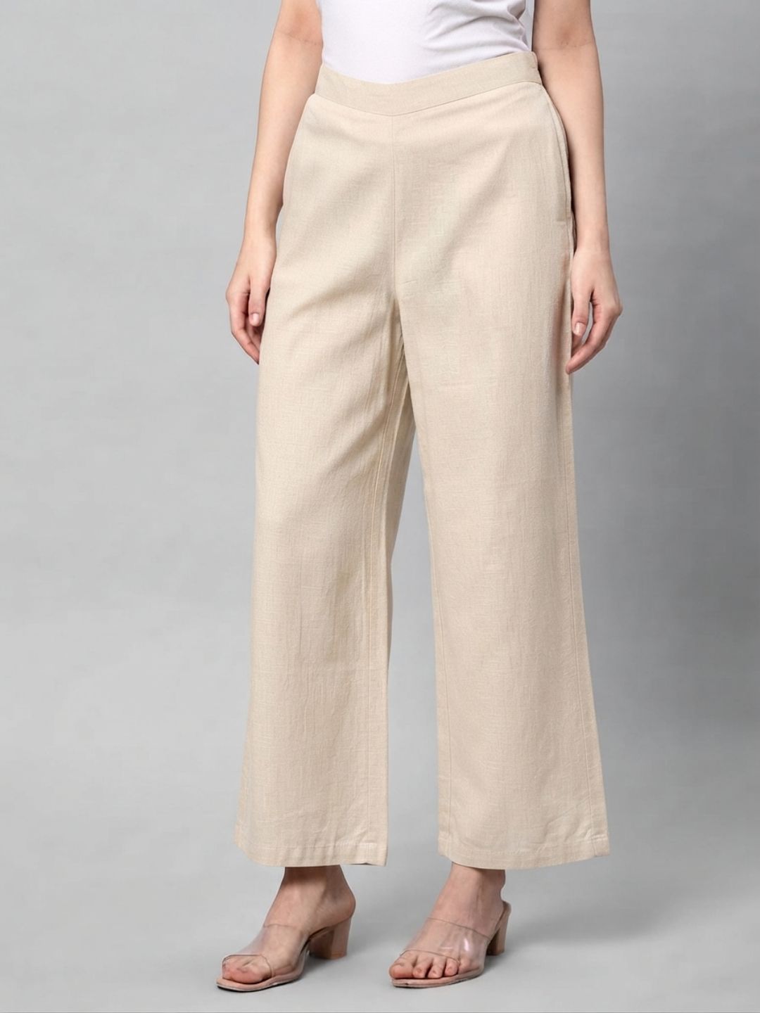 Straight Fit Cotton Plain Ankle Length Half Elasticated Palazzo with Inside Drawstring.(Cream)