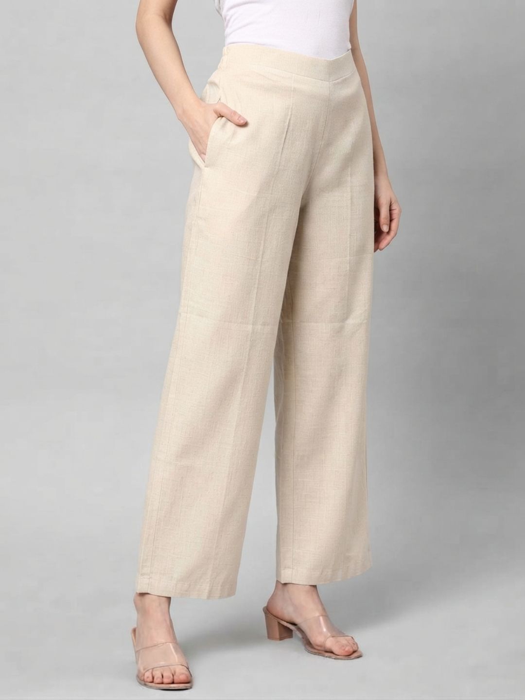 Straight Fit Cotton Plain Ankle Length Half Elasticated Palazzo with Inside Drawstring.(Cream)