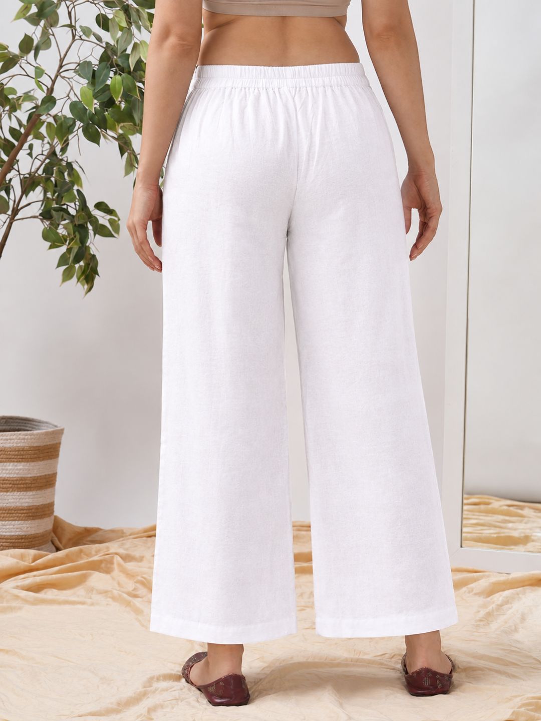 Straight Fit Cotton Plain Ankle Length Half Elasticated Palazzo with Inside Drawstring.(White)