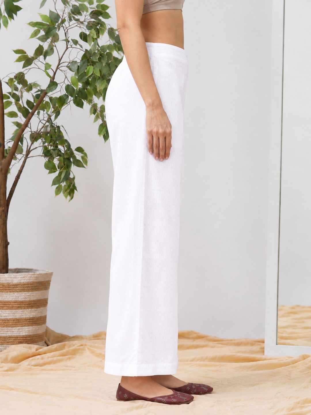 Straight Fit Cotton Plain Ankle Length Half Elasticated Palazzo with Inside Drawstring.(White)