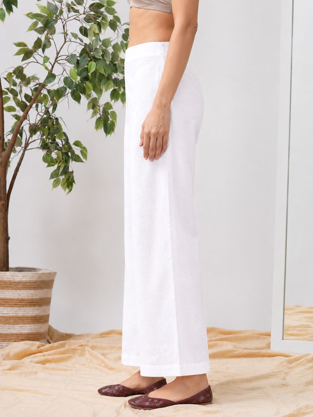 Straight Fit Cotton Plain Ankle Length Half Elasticated Palazzo with Inside Drawstring.(White)