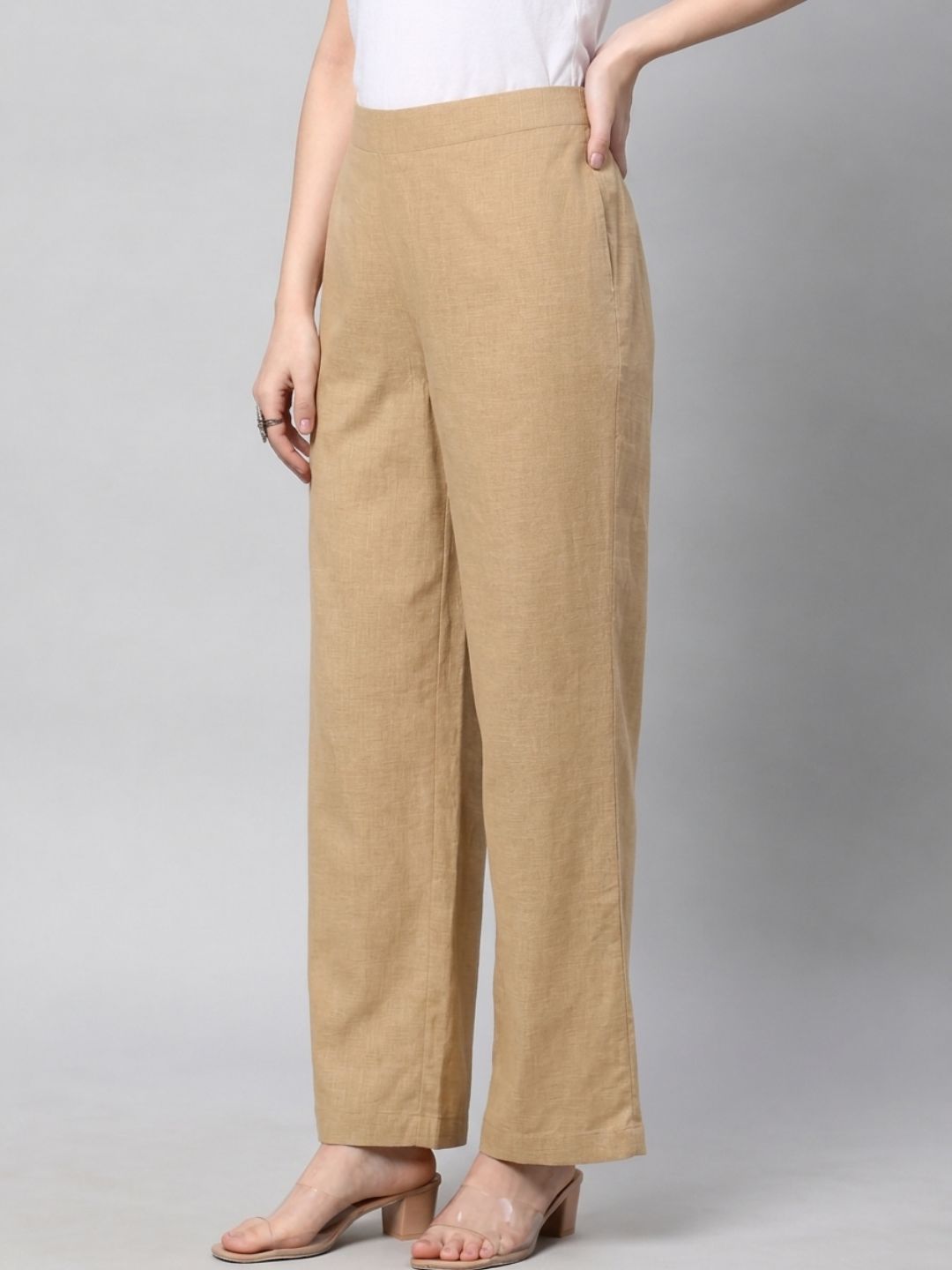Straight Fit Cotton Plain Ankle Length Half Elasticated Palazzo with Inside Drawstring.(Beige)