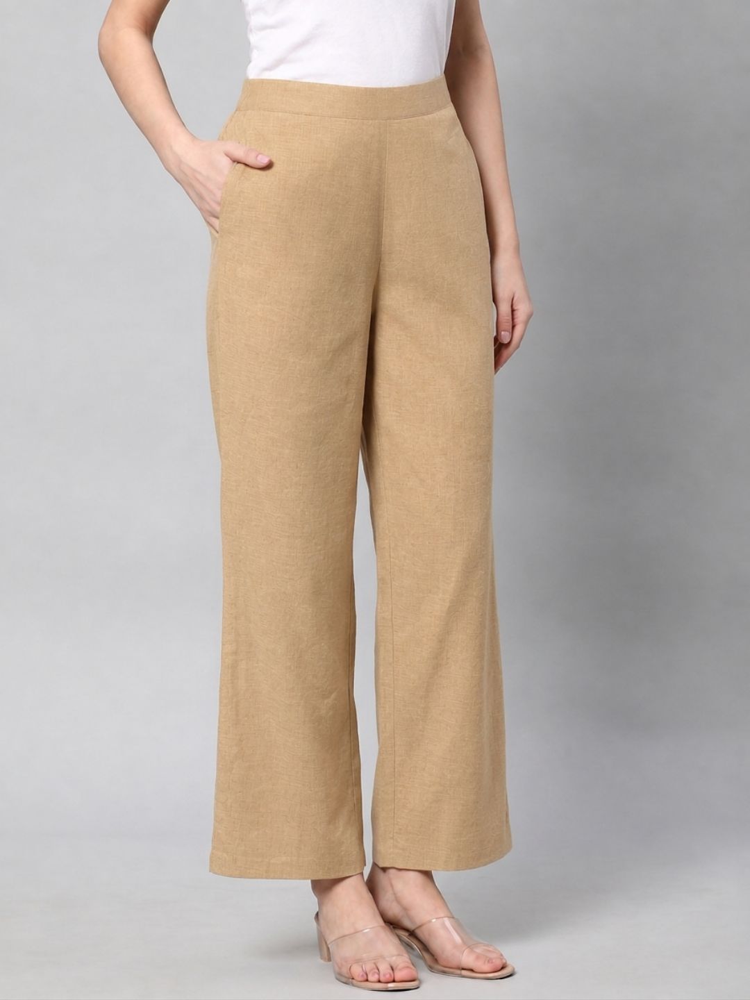 Straight Fit Cotton Plain Ankle Length Half Elasticated Palazzo with Inside Drawstring.(Beige)