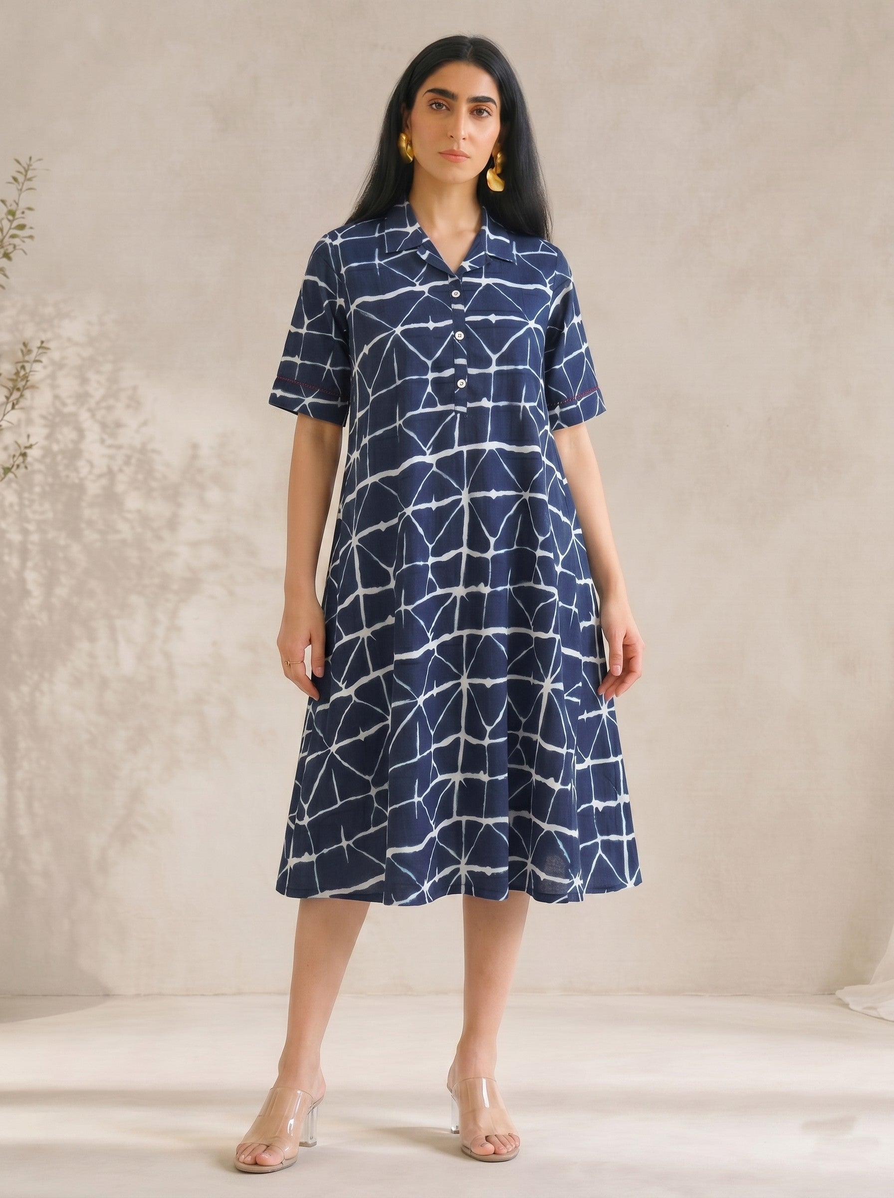 JOYLAND-Relaxed Fit Printed Cotton Dress with Collar Neck, Button Placket and Pockets.