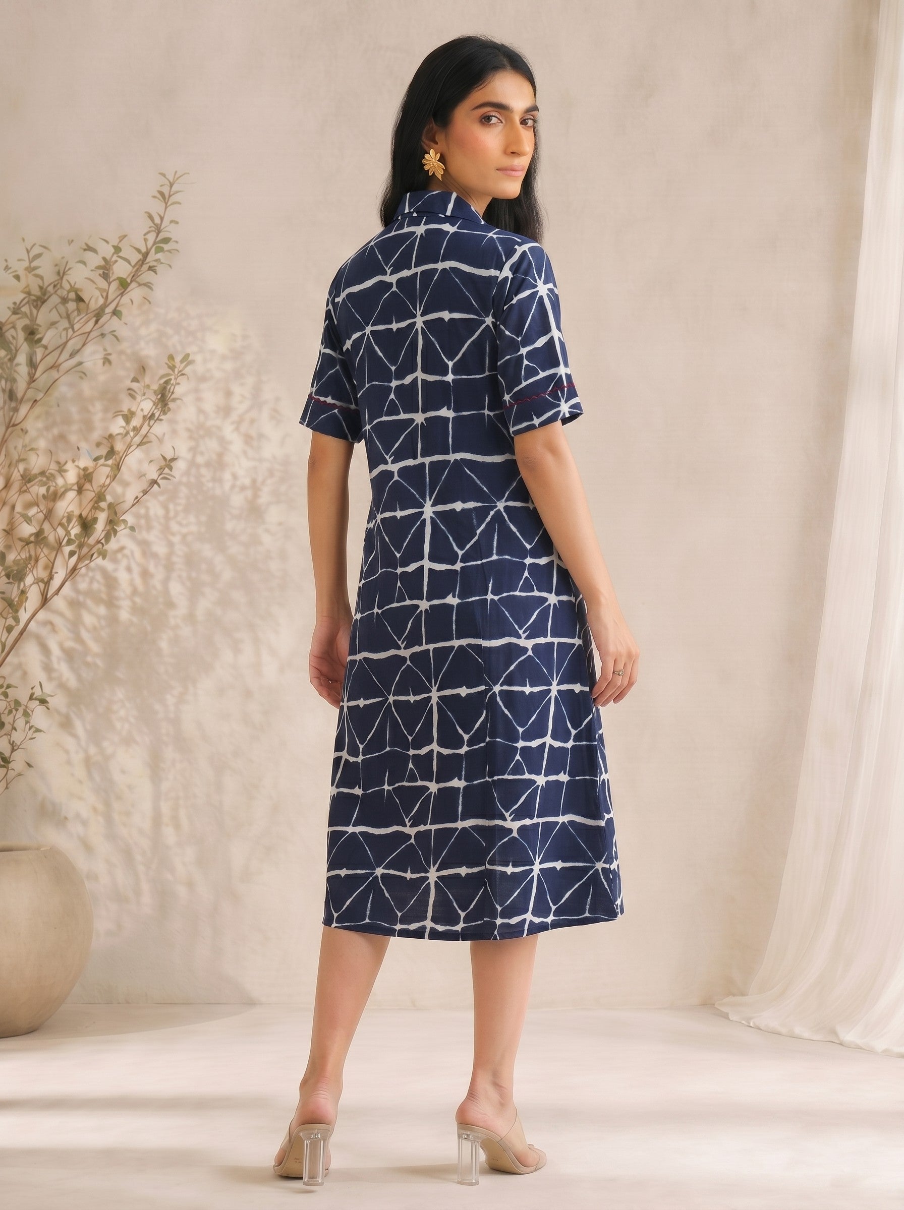 JOYLAND-Relaxed Fit Printed Cotton Dress with Collar Neck, Button Placket and Pockets.