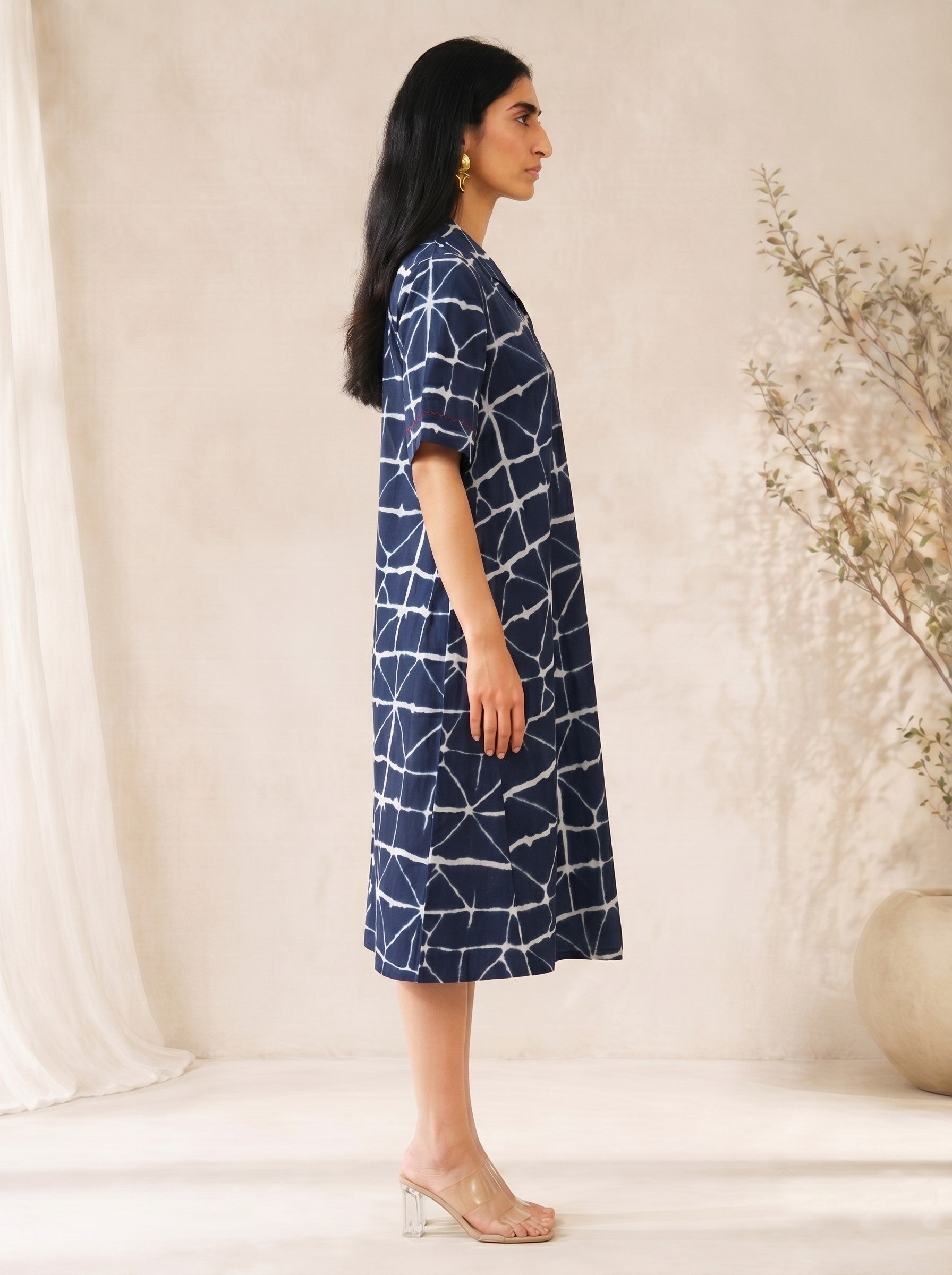 JOYLAND-Relaxed Fit Printed Cotton Dress with Collar Neck, Button Placket and Pockets.