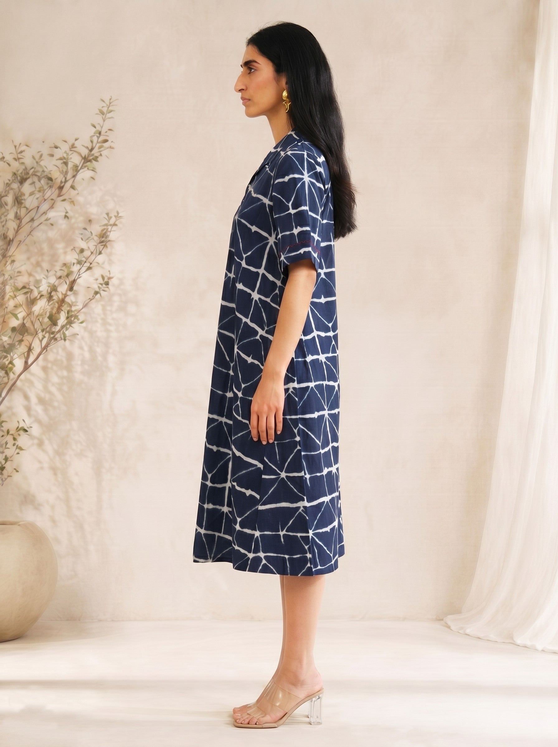 JOYLAND-Relaxed Fit Printed Cotton Dress with Collar Neck, Button Placket and Pockets.