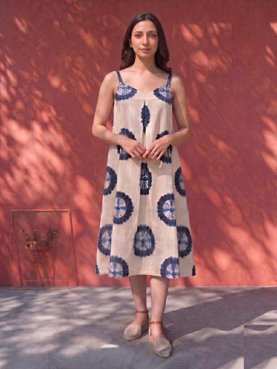 JOYLAND-Soft cotton A-line dress with indigo tie-dye prints and easy silhouette.
