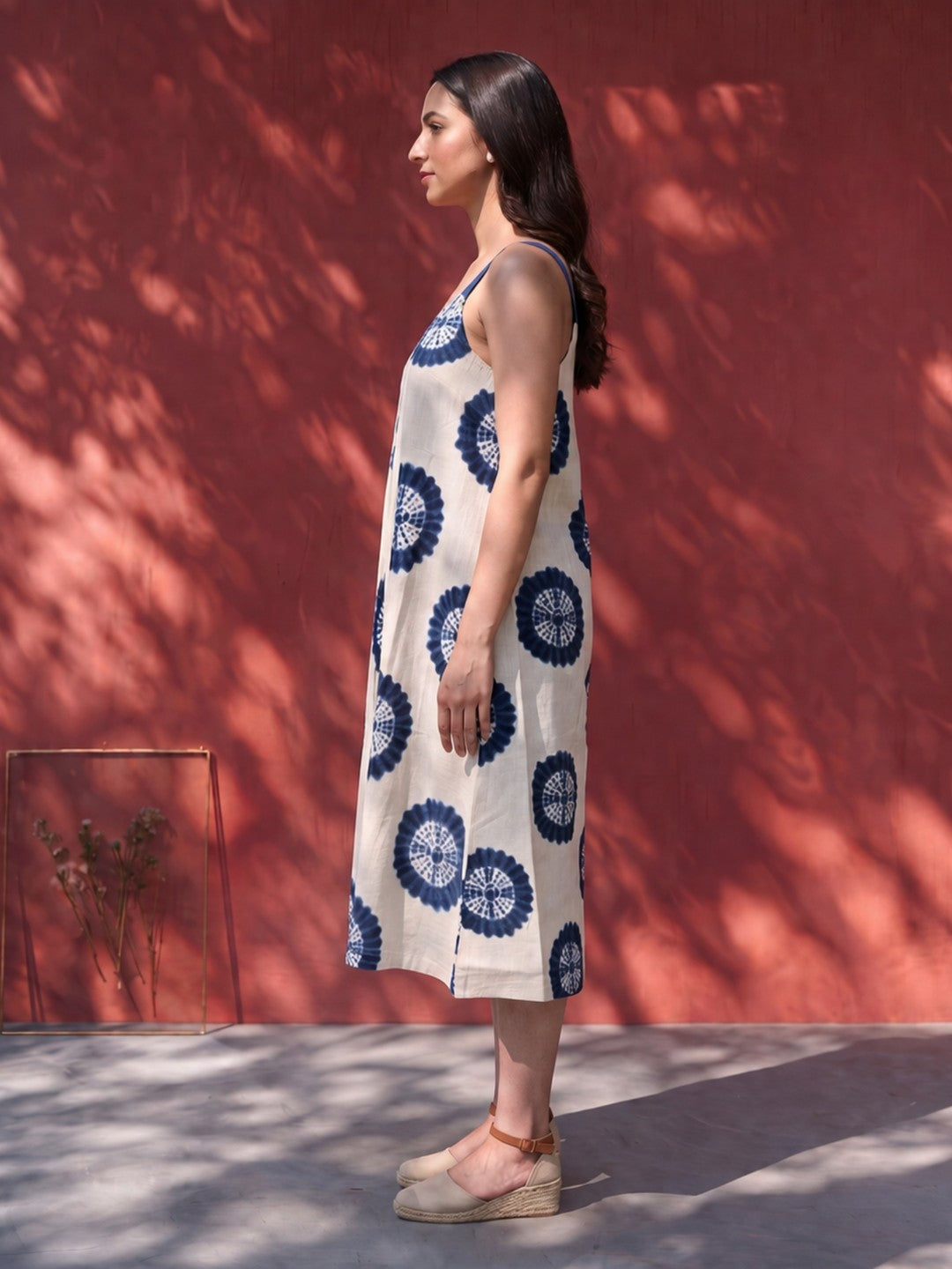 JOYLAND-Soft cotton A-line dress with indigo tie-dye prints and easy silhouette.