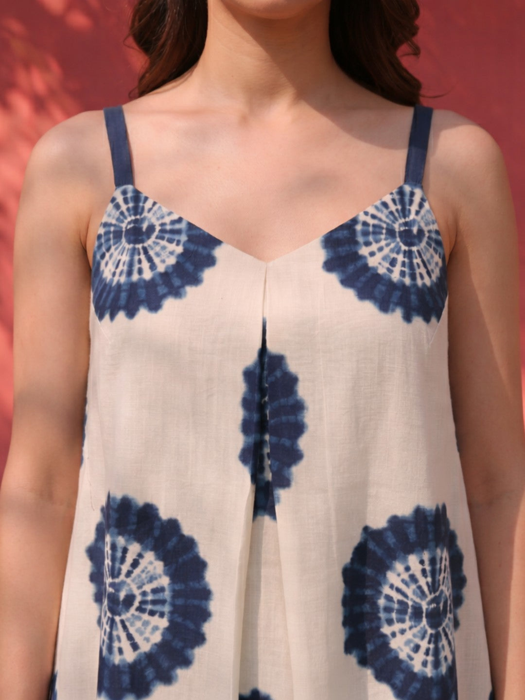 JOYLAND-Soft cotton A-line dress with indigo tie-dye prints and easy silhouette.