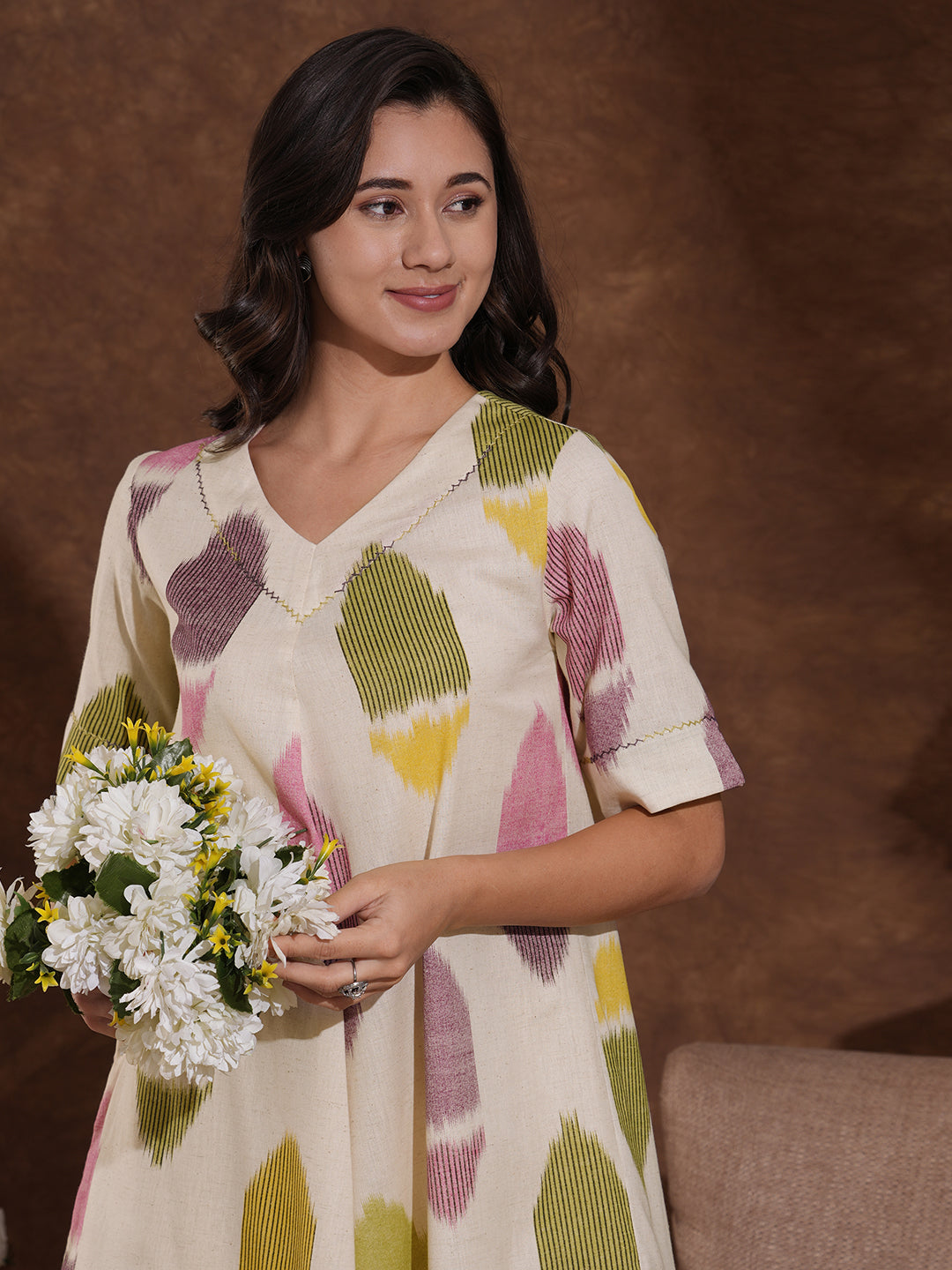 V-Neck cotton flex shirt dress in an 'ikat' weave inspired print with handwork.