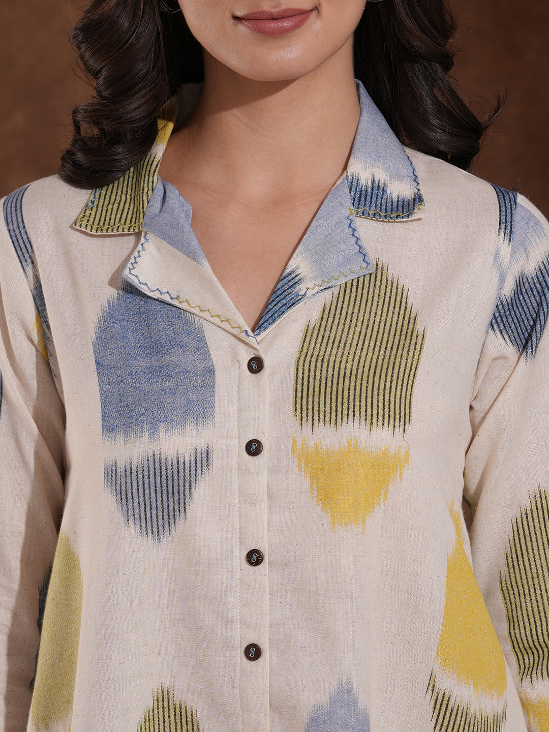 Shirt collared cotton flex dress in an 'ikat' weave inspired print with handwork.