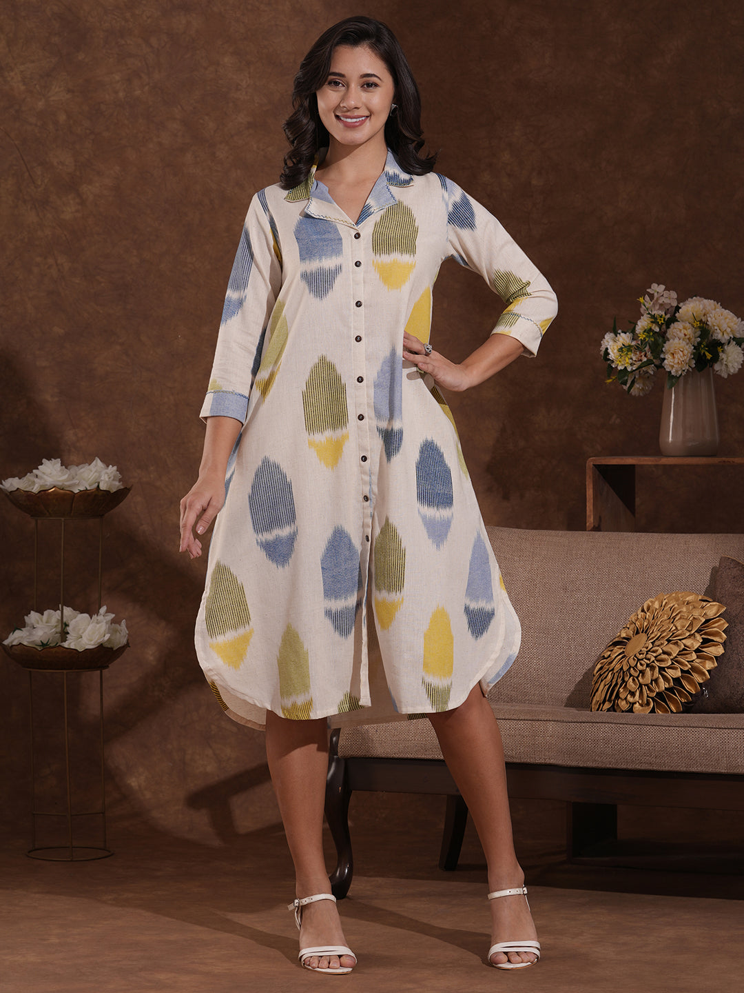 Shirt collared cotton flex dress in an 'ikat' weave inspired print with handwork.