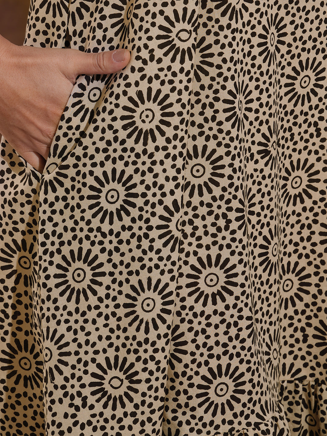 Pocketed sleeveless dress hand block printed fabric in an A-line silhouette with gathering.