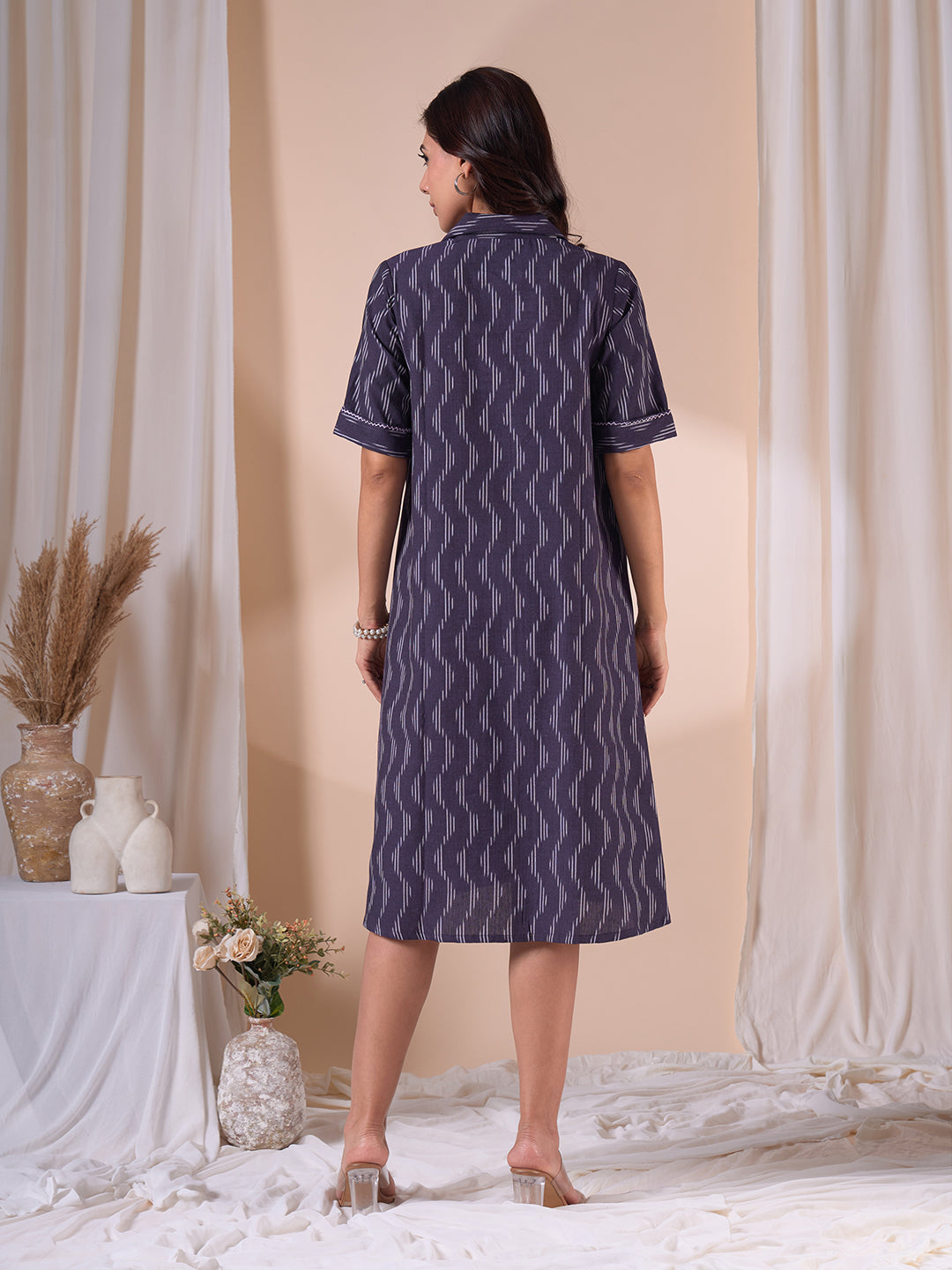 Pocketed A-line Cotton Dress in Woven Ikat Fabric with Notch Collar and Handwork.