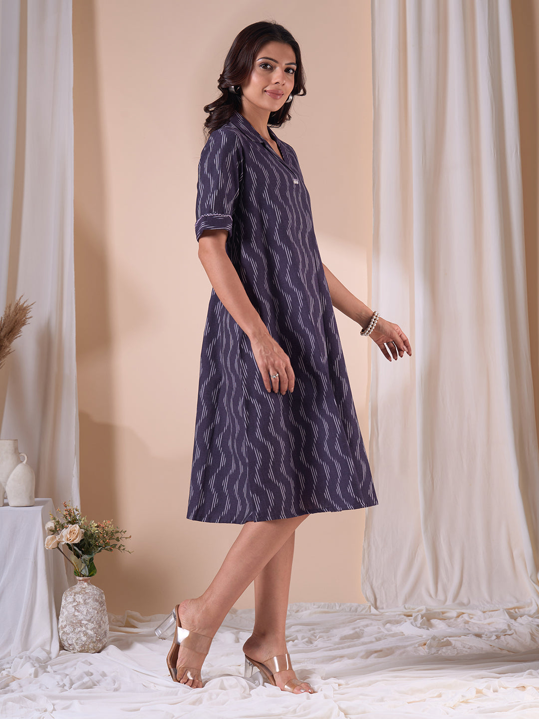 Pocketed A-line Cotton Dress in Woven Ikat Fabric with Notch Collar and Handwork.