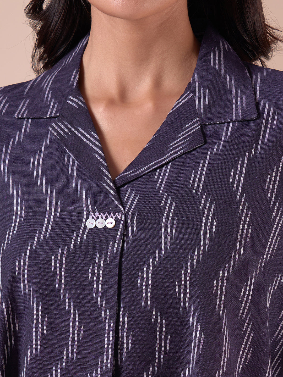 Pocketed A-line Cotton Dress in Woven Ikat Fabric with Notch Collar and Handwork.