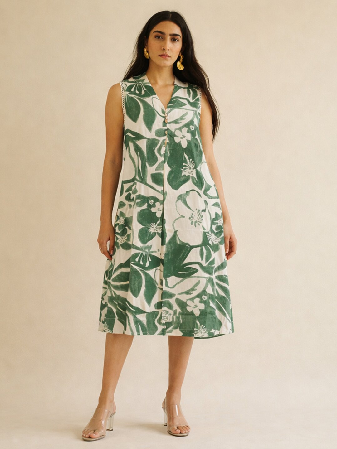 JOYLAND - Cotton flex A-Line floral printed Dress with button placket and side pocket.