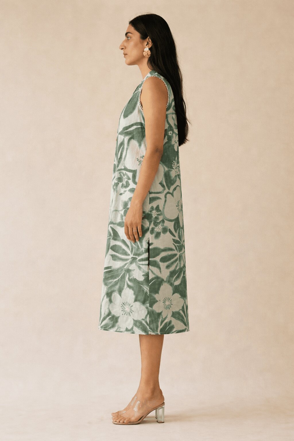 JOYLAND - Cotton flex A-Line floral printed Dress with button placket and side pocket.
