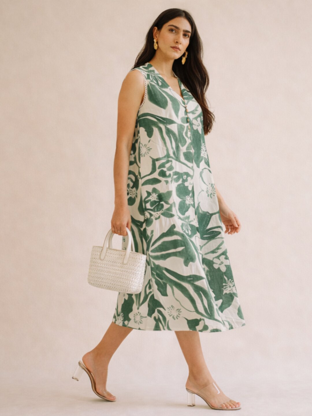 JOYLAND - Cotton flex A-Line floral printed Dress with button placket and side pocket.