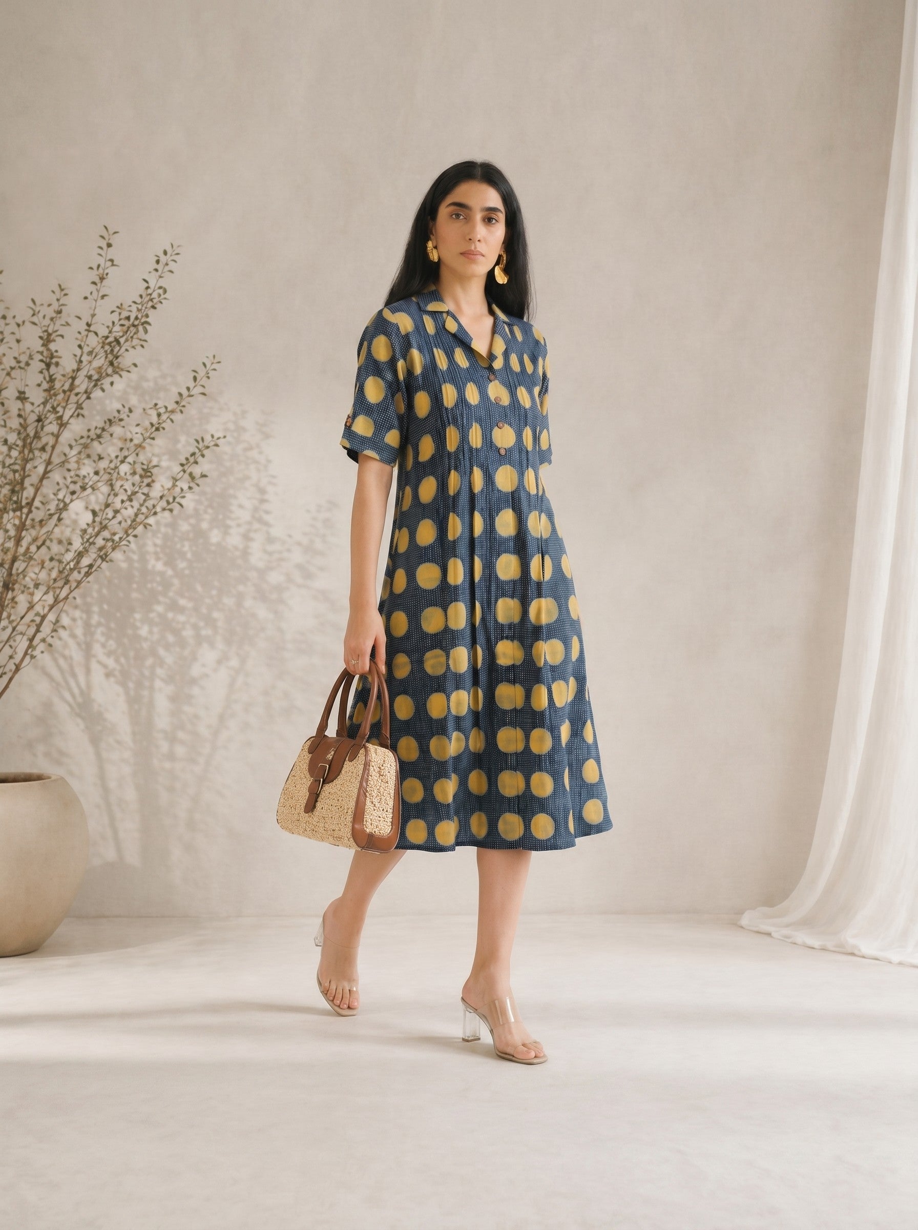 JOYLAND-Printed A-Line Flex Dress with Front Tucks, Notch Collar and Roll-Up Sleeves.