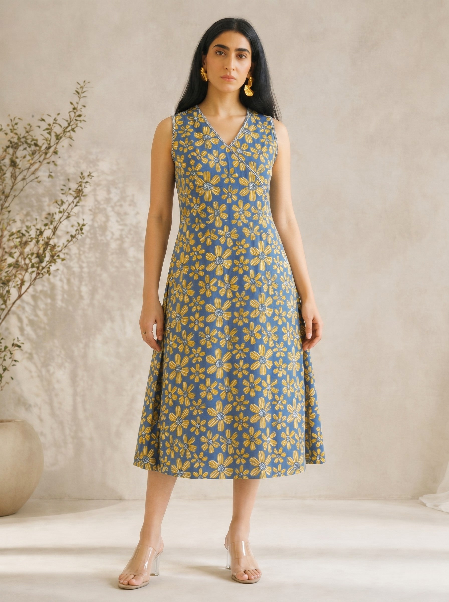 JOYLAND-A-Line Floral Mock Wrap Cotton Dress with Check Piping & V-Neck Detail.