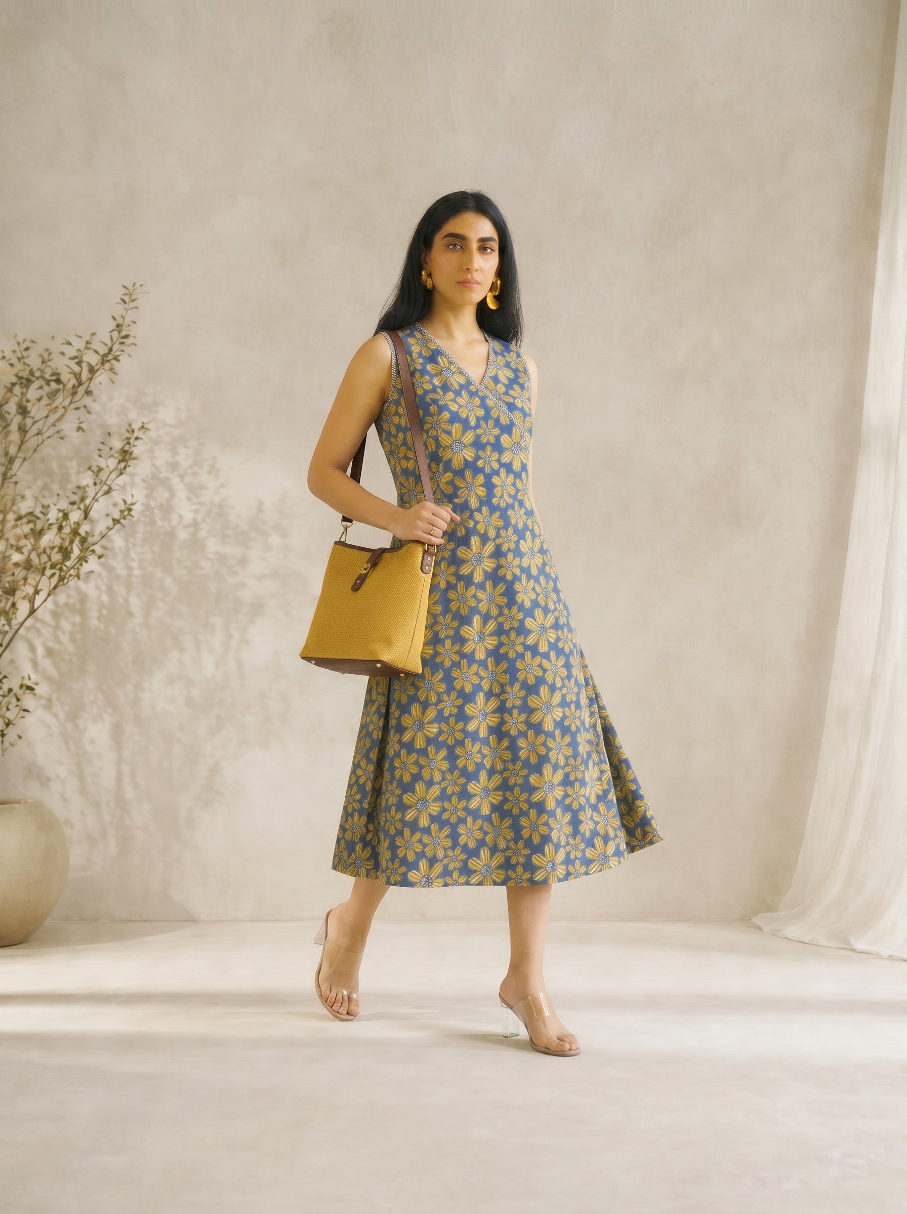 JOYLAND-A-Line Floral Mock Wrap Cotton Dress with Check Piping & V-Neck Detail.