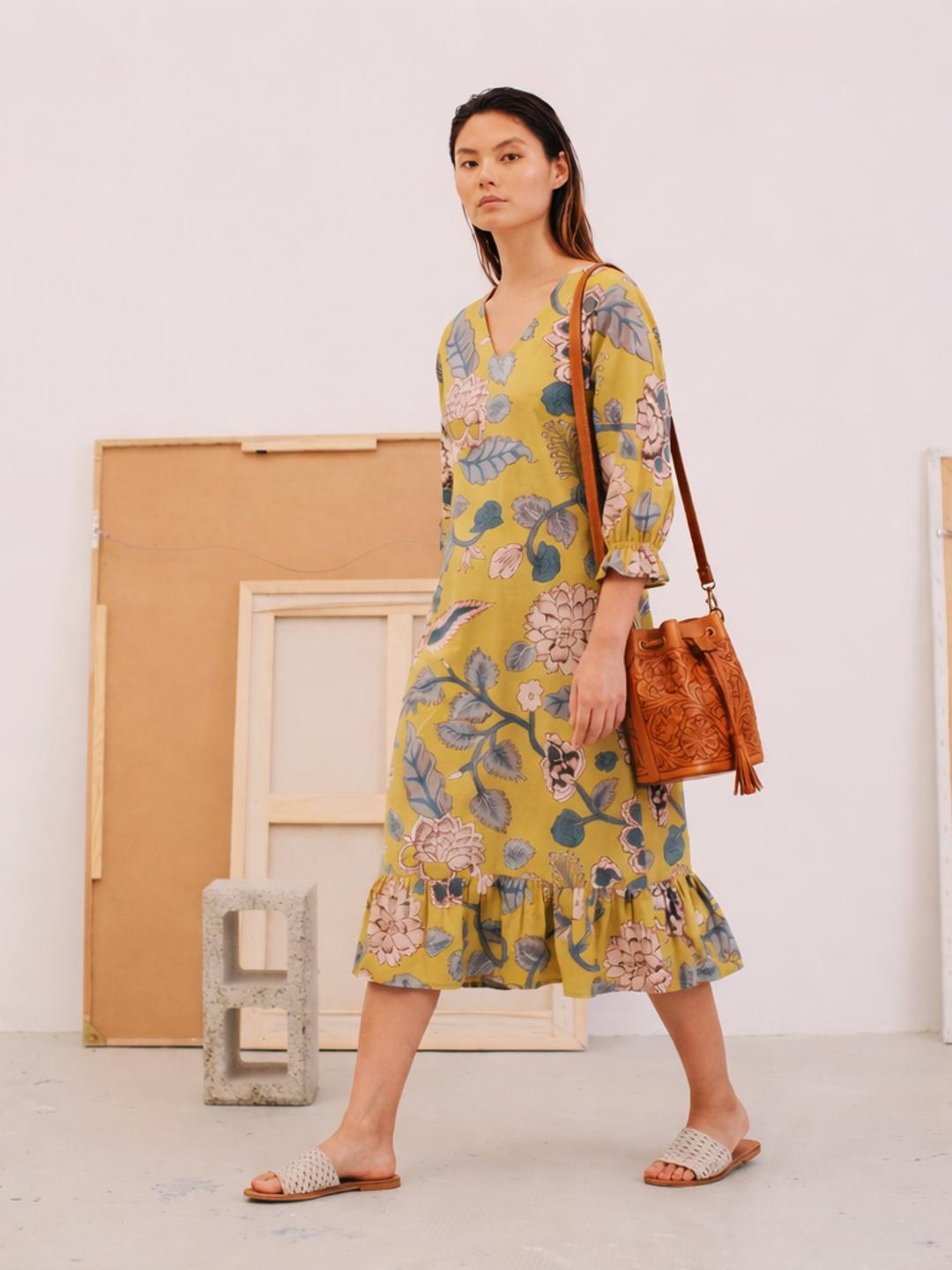 JOYLAND-A-Line Cotton Floral Printed Dress with Tiered Hem & Smocked Sleeves.