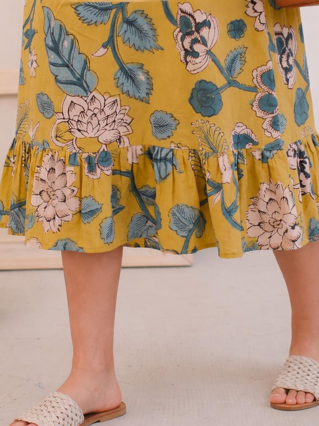 JOYLAND-A-Line Cotton Floral Printed Dress with Tiered Hem & Smocked Sleeves.