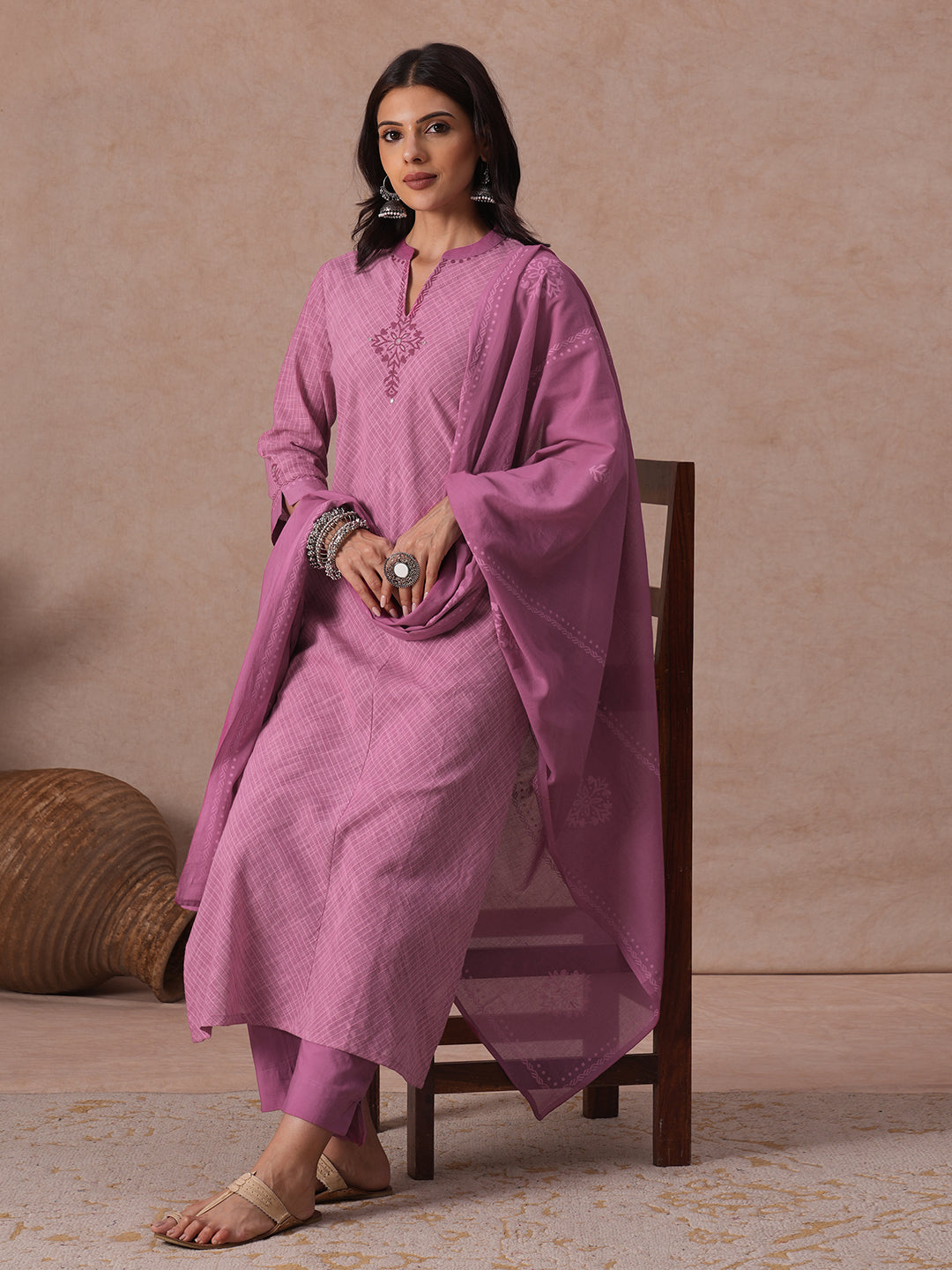 Straight fit Pink Cotton Kurta Suit Set with Floral Motifs, Matching Bottom and Printed Dupatta.