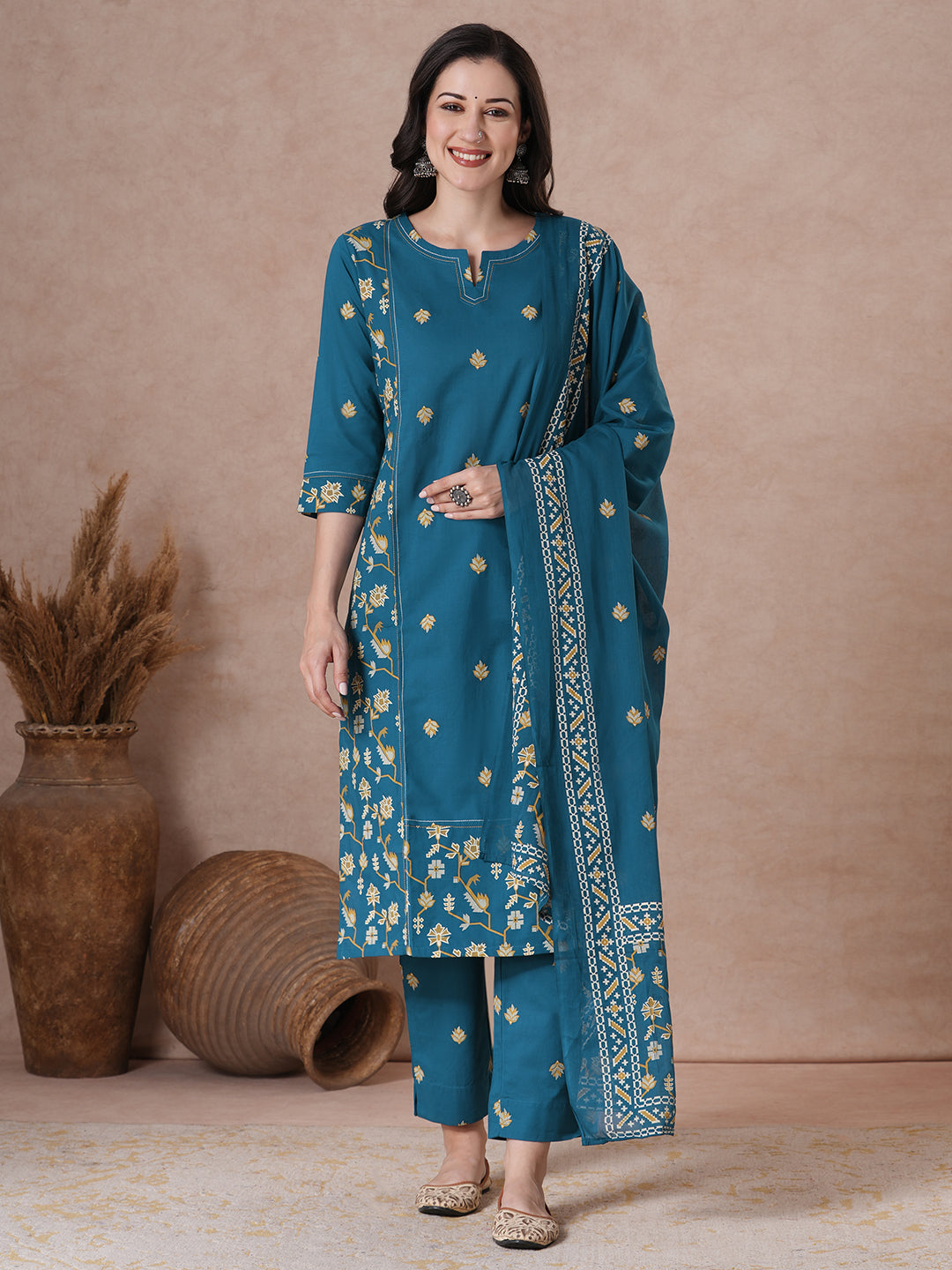 Straight fit Printed Panelled Cotton Kurta Set with Dupatta.