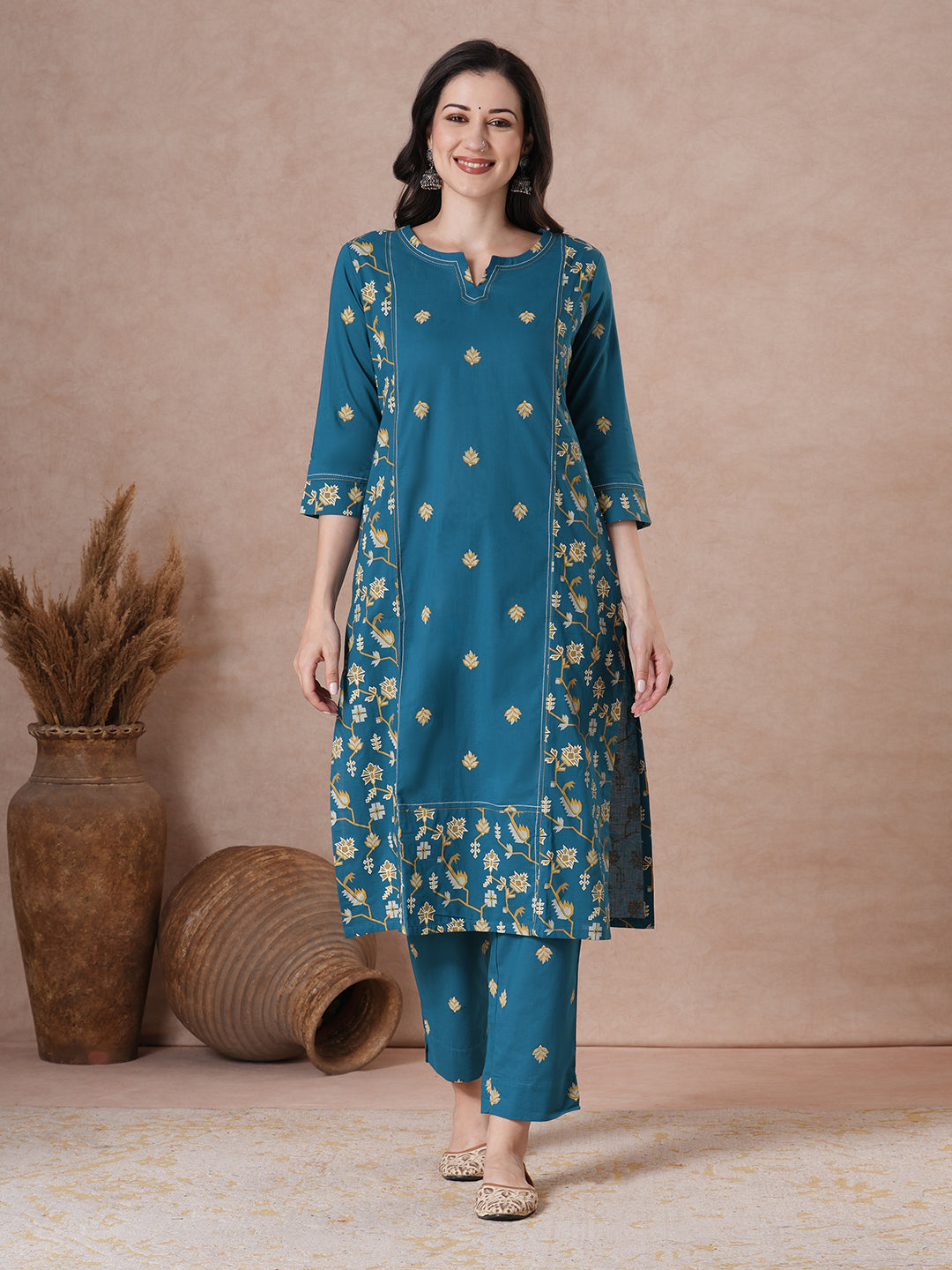 Straight fit Printed Panelled Cotton Kurta Set with Dupatta.