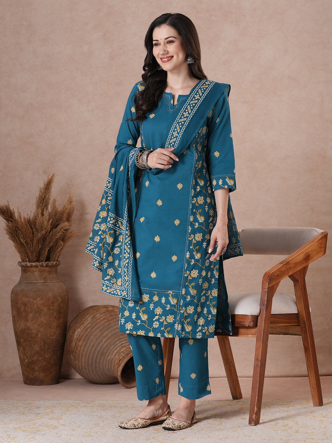 Straight fit Printed Panelled Cotton Kurta Set with Dupatta.