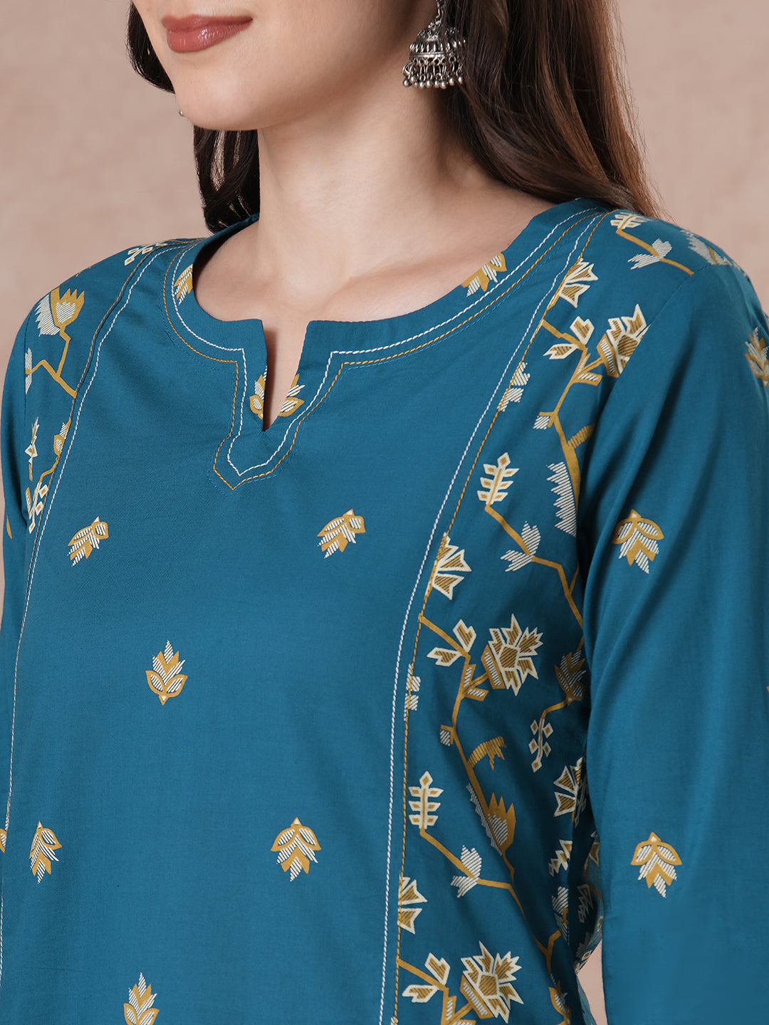 Straight fit Printed Panelled Cotton Kurta Set with Dupatta.