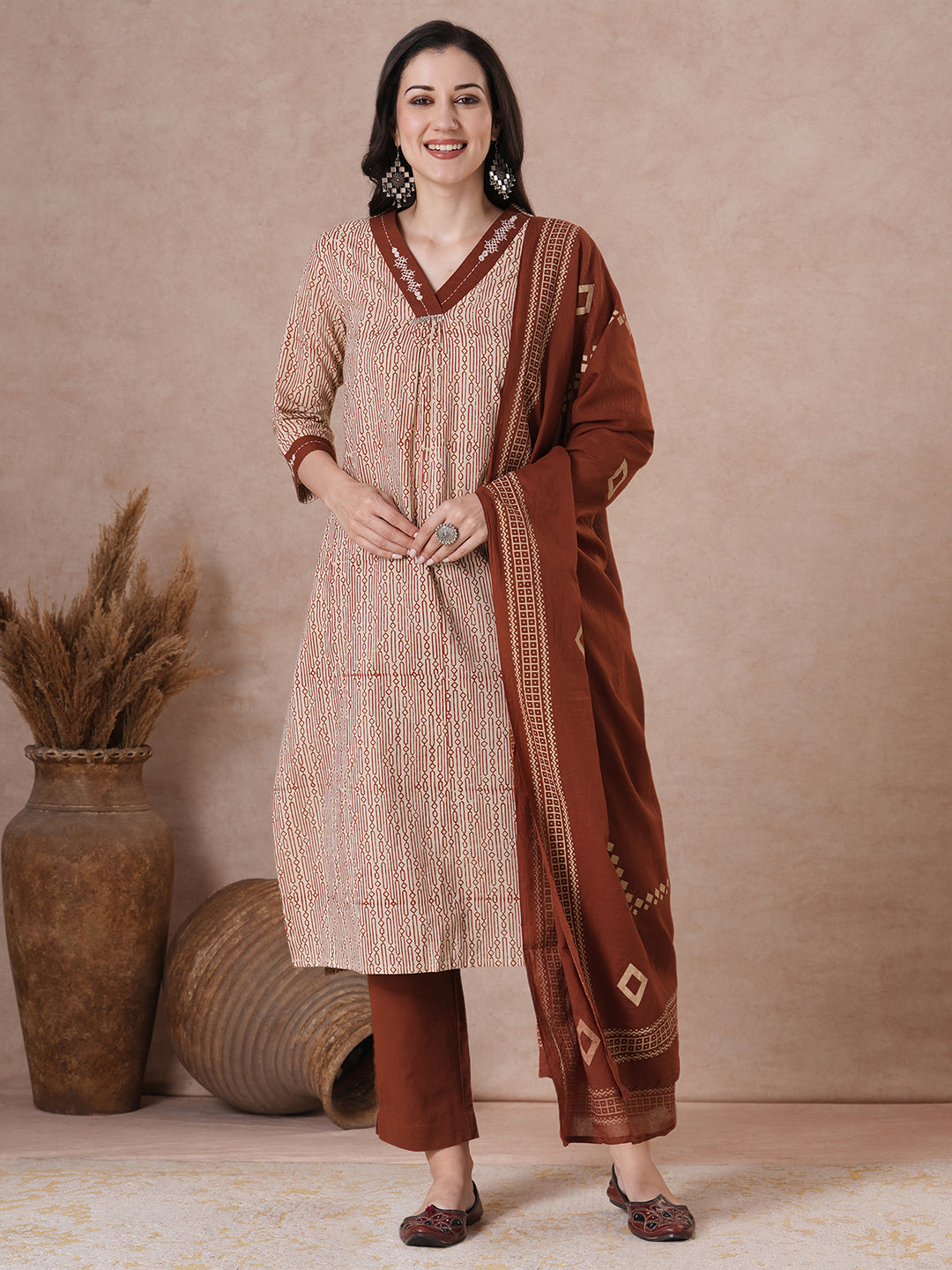 Classic Cream Cotton Kurta Set with Geometric Print, Subtle Handwork, Metal Trim Highlights, Printed Dupatta and Coordinated Solid Pants