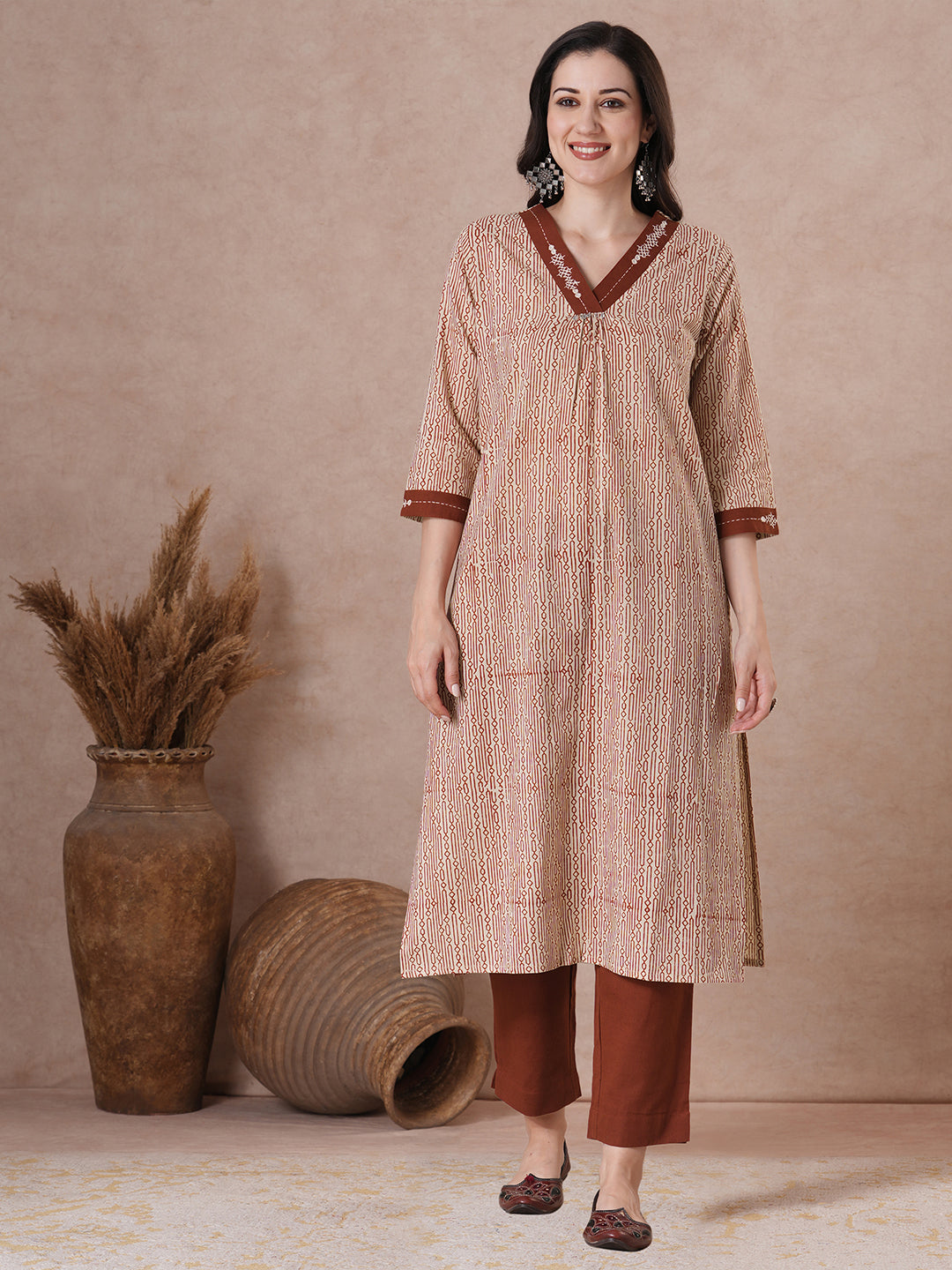 Classic Cream Cotton Kurta Set with Geometric Print, Subtle Handwork, Metal Trim Highlights, Printed Dupatta and Coordinated Solid Pants
