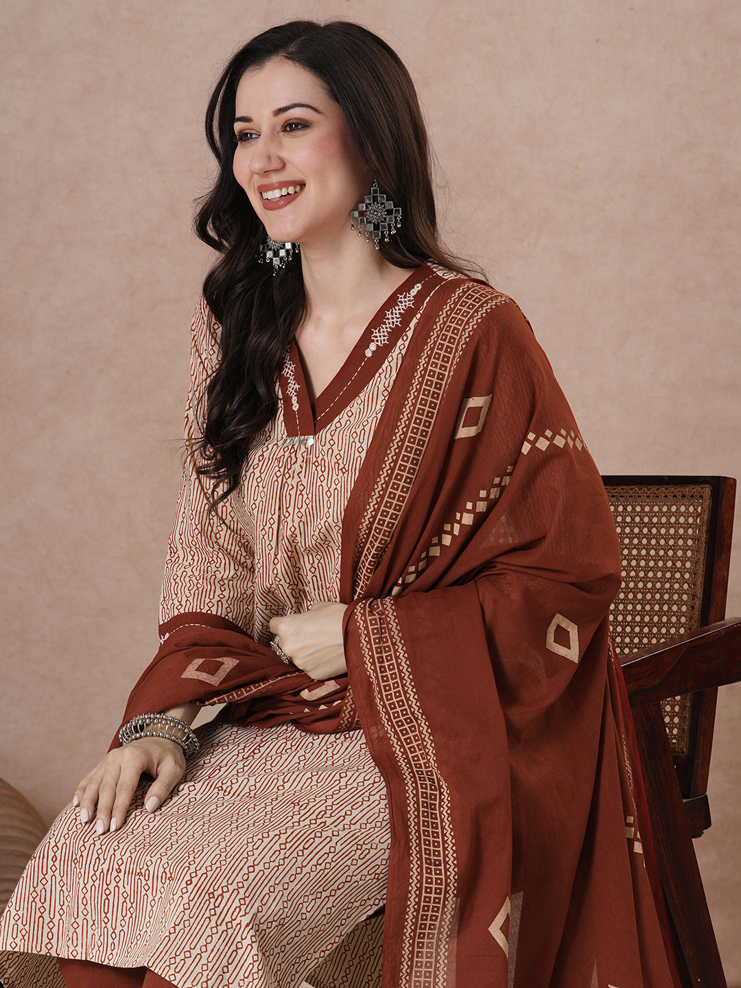 Classic Cream Cotton Kurta Set with Geometric Print, Subtle Handwork, Metal Trim Highlights, Printed Dupatta and Coordinated Solid Pants