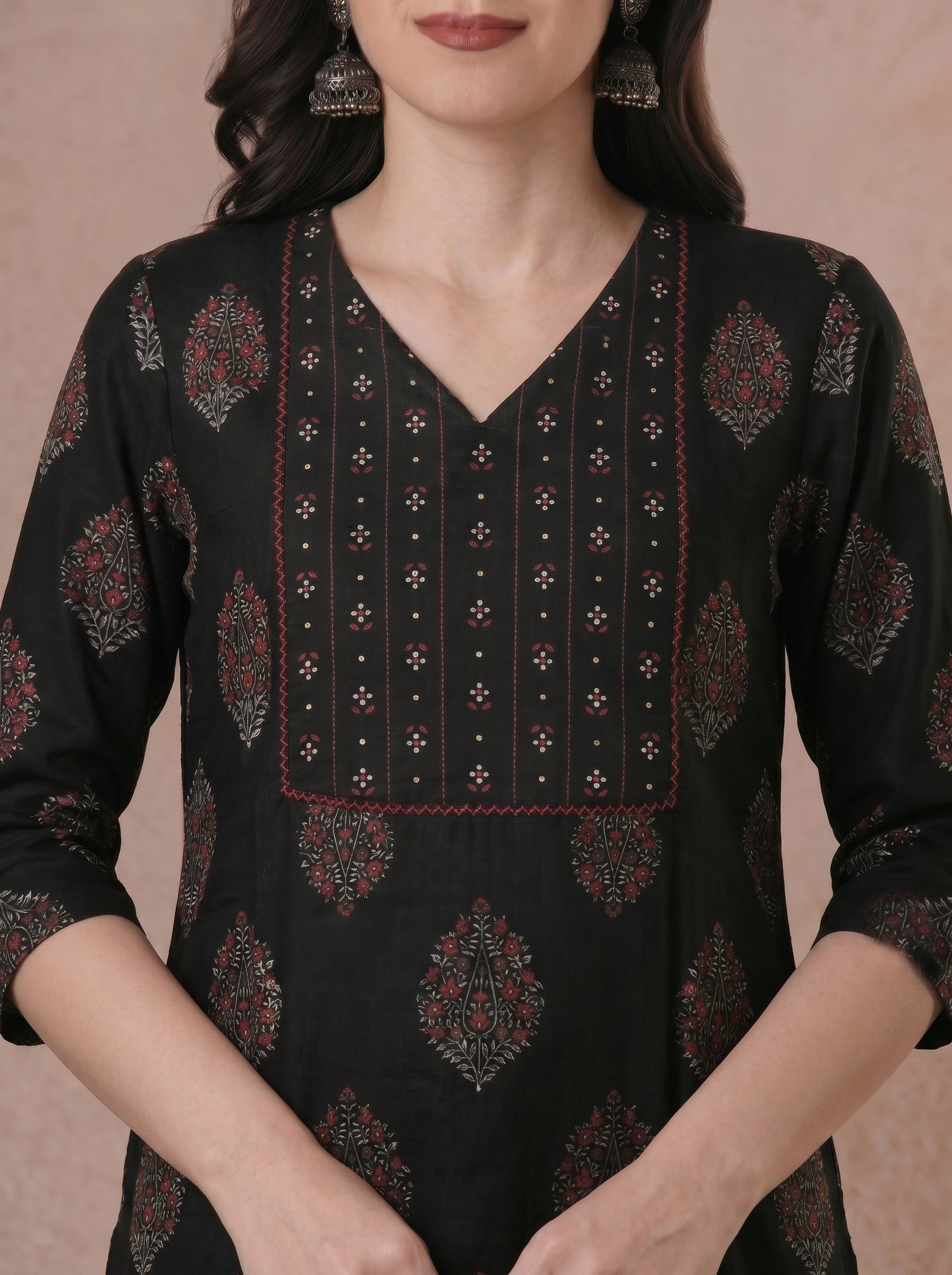 Ready-to-Wear Straight Doby Cotton Printed Kurta Suit Set with Hand Block Dupatta.(Black)
