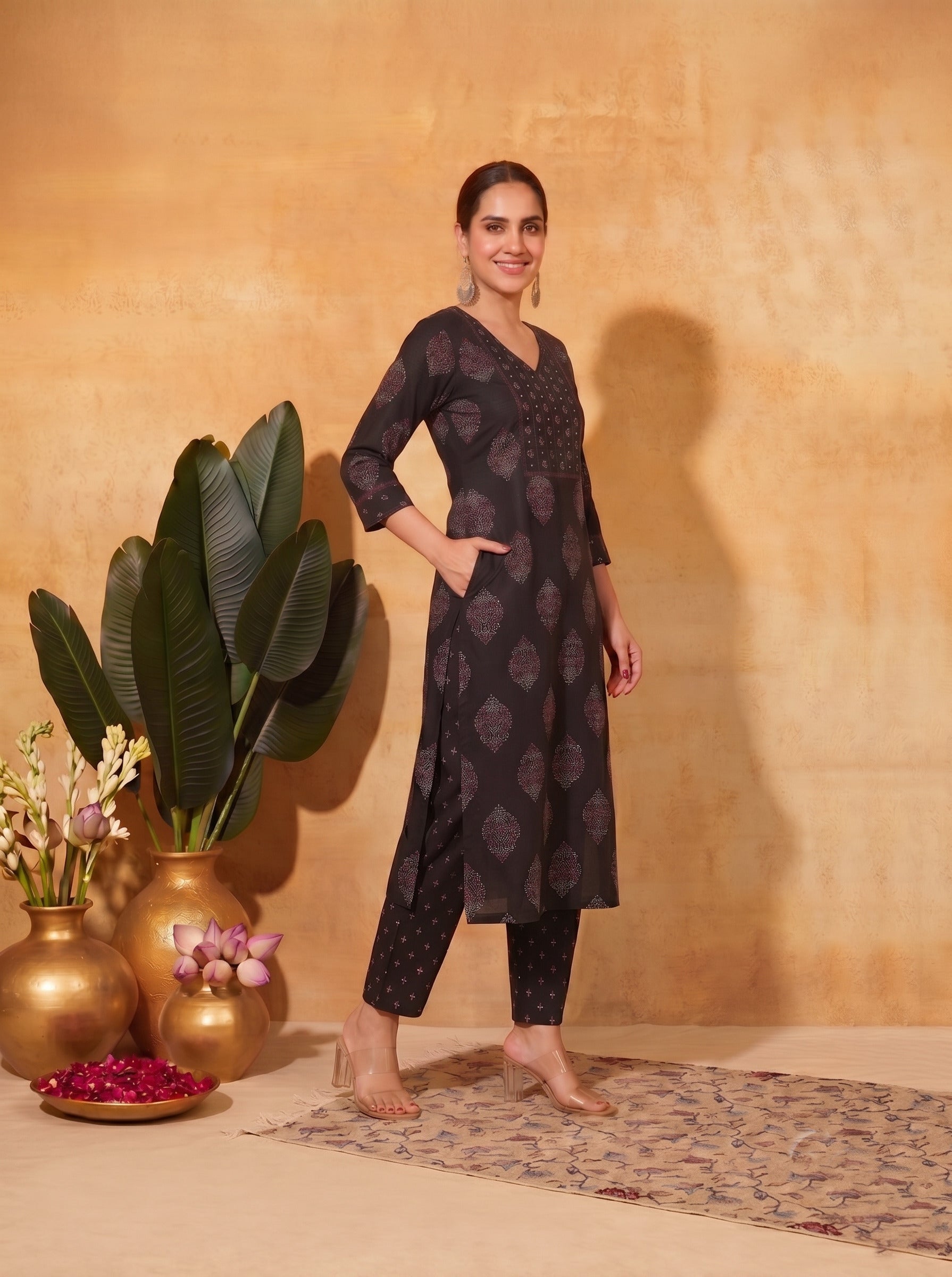 Ready-to-Wear Straight Doby Cotton Printed Kurta Suit Set with Hand Block Dupatta.(Black)